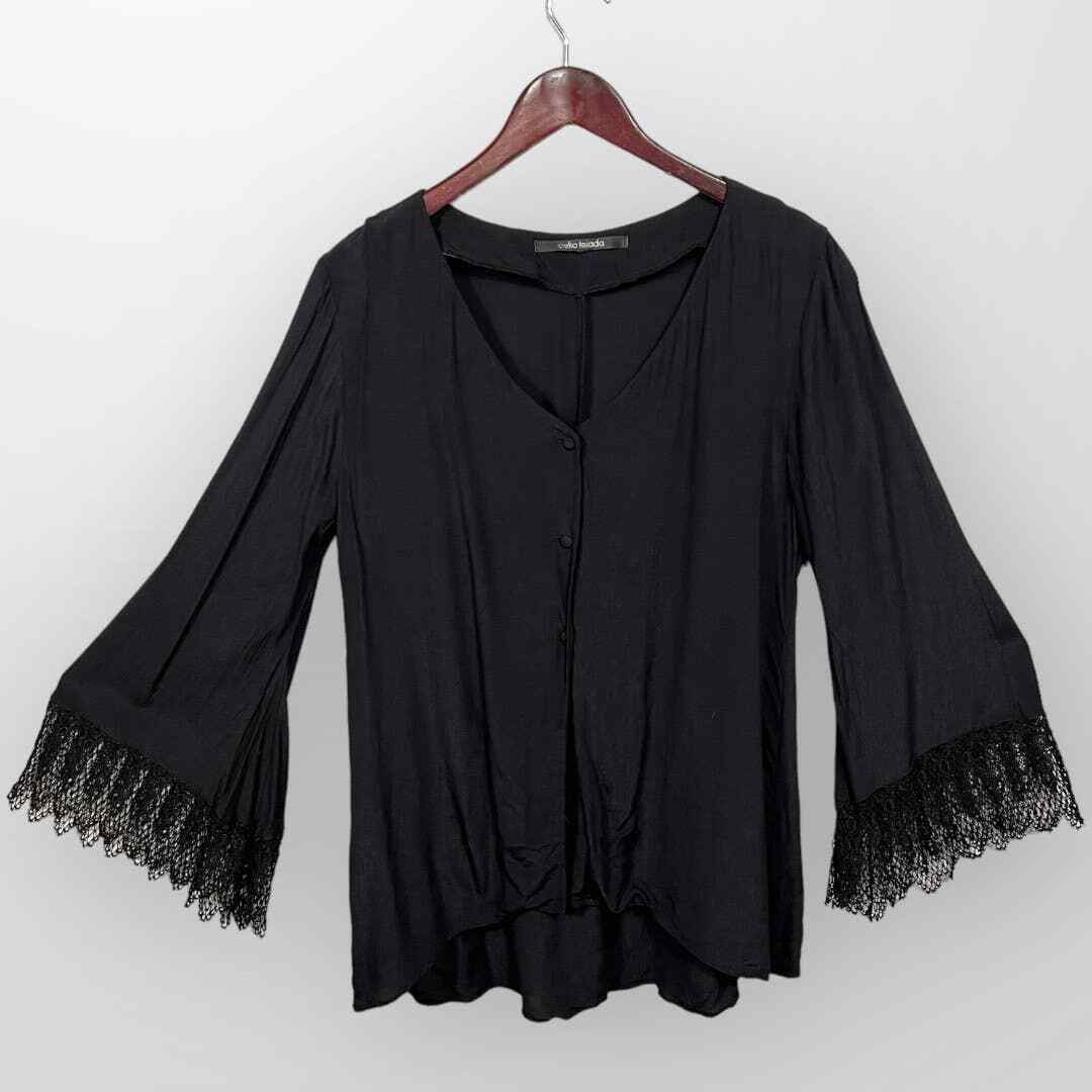 Vintage Celia Tejada Blouse (L) Bell Sleeves Crochet Lace Cuffs USA Rayon Black