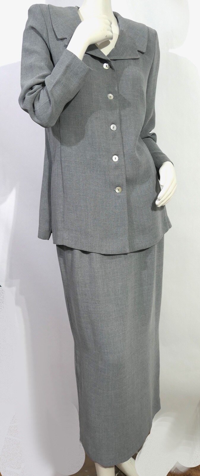 Vintage 90s Fattaneh Bahari Classic Polished Suit Midi Skirt Jacket Soft Gray 8