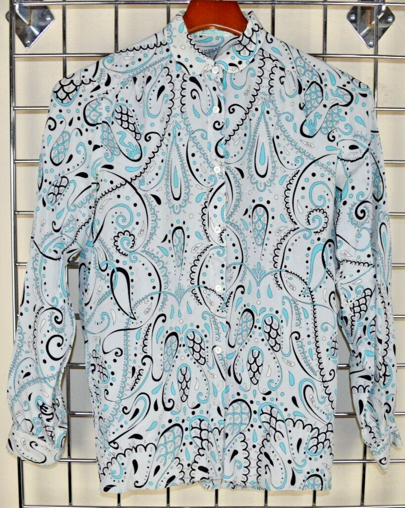 Vintage Emilio Pucci Shirt Size S/M 60s Pale Gray Turquoise Black Paisley Swirls