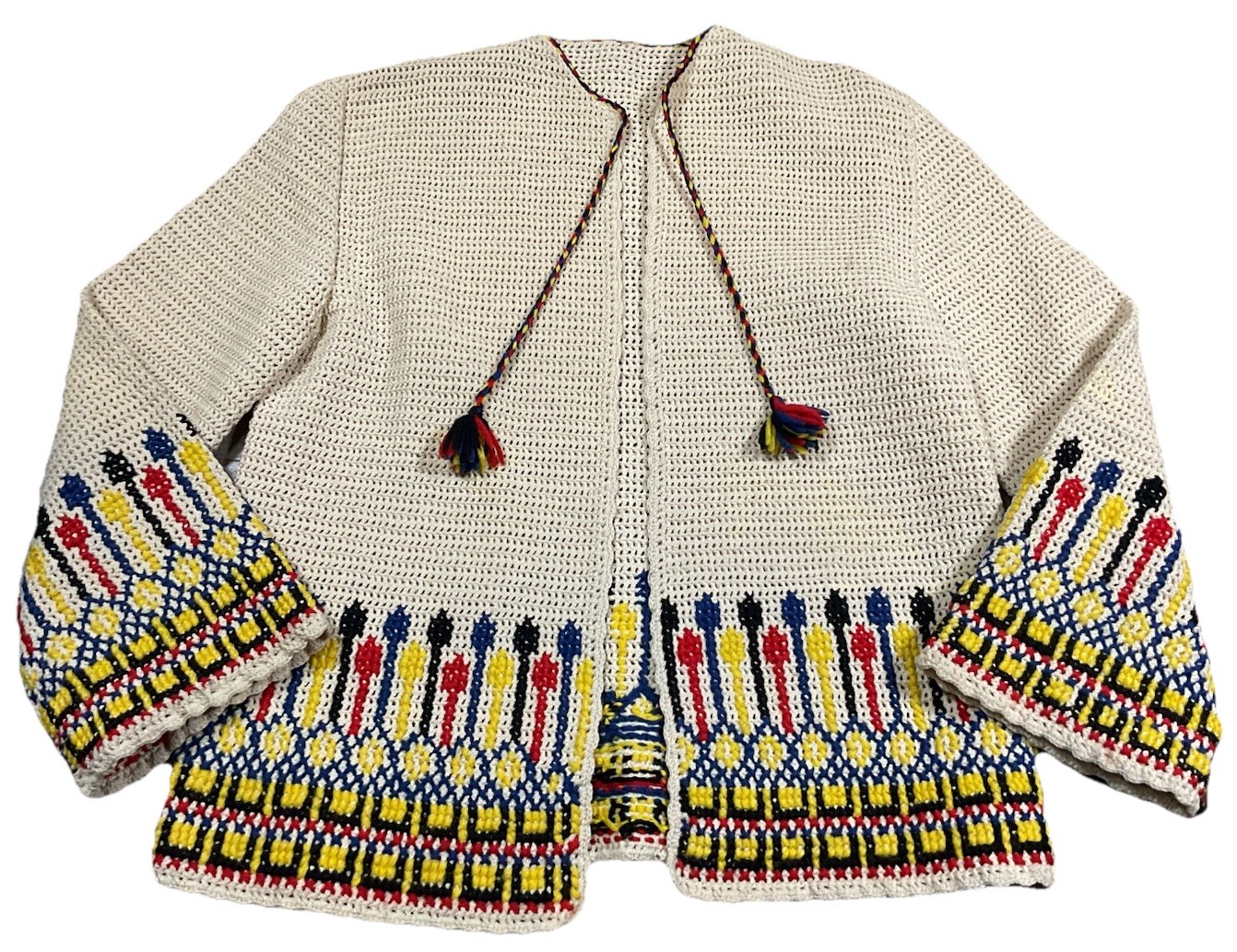VTG 60s 70s beige MCM Colorful Art Boho Crochet Knit Design Size Small / Medium