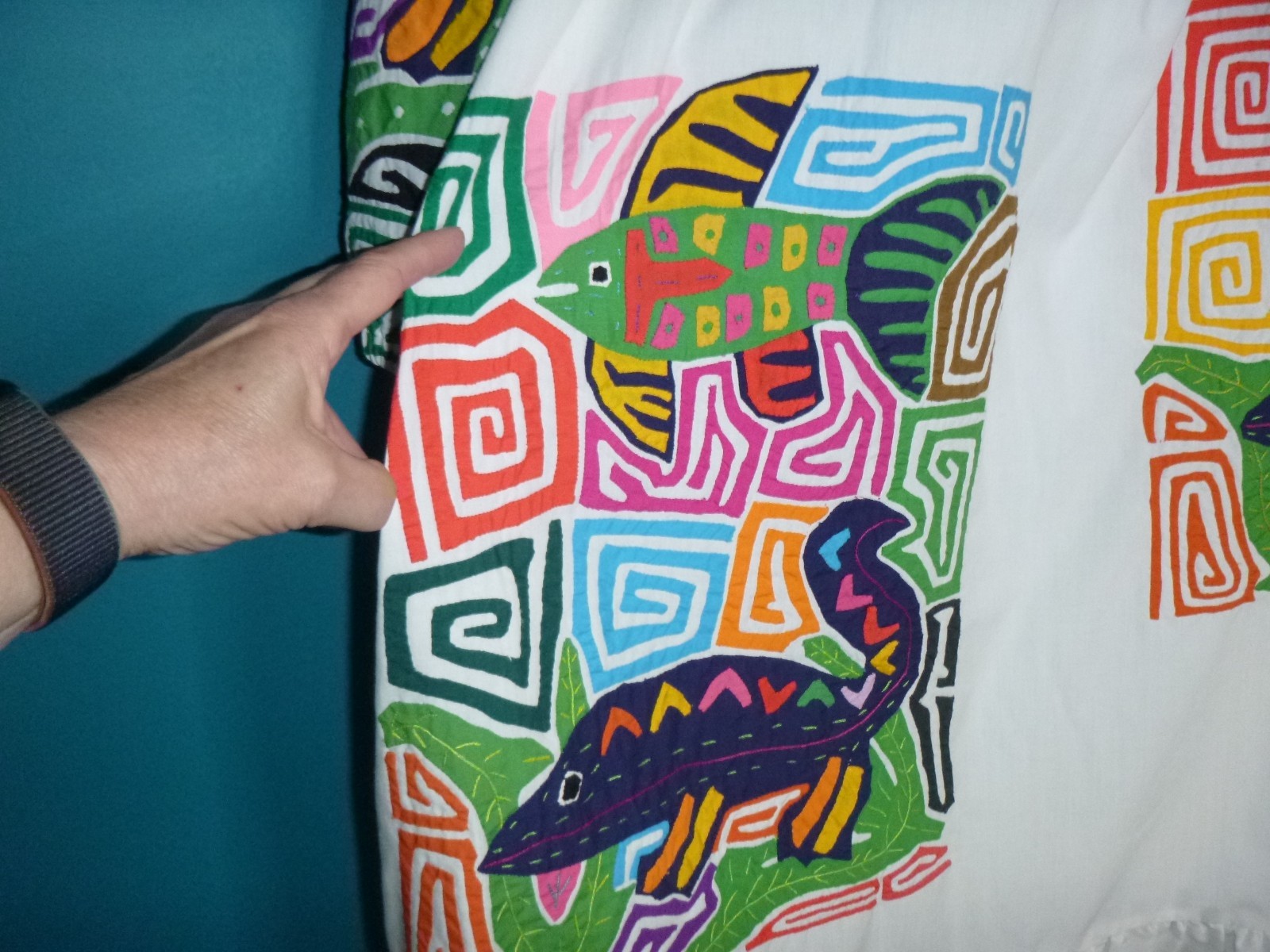 Vtg 70s Seds Crafts Mola Panama Reverse Applique Dress Fish Geckos One Size