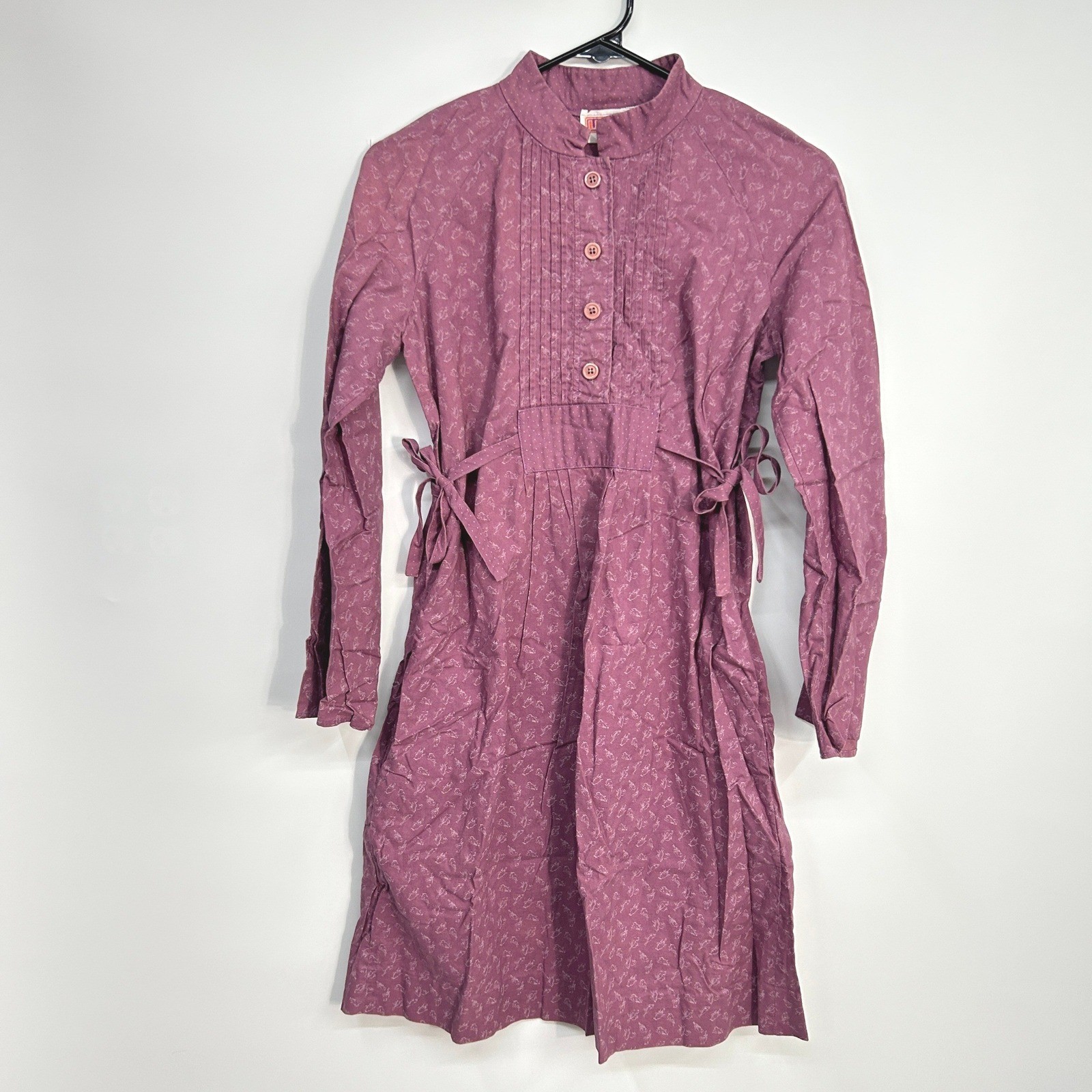 Prairie Pintuck Midi Dress Long Sleeve Side Tie Small Mauve Cottagecore Boho