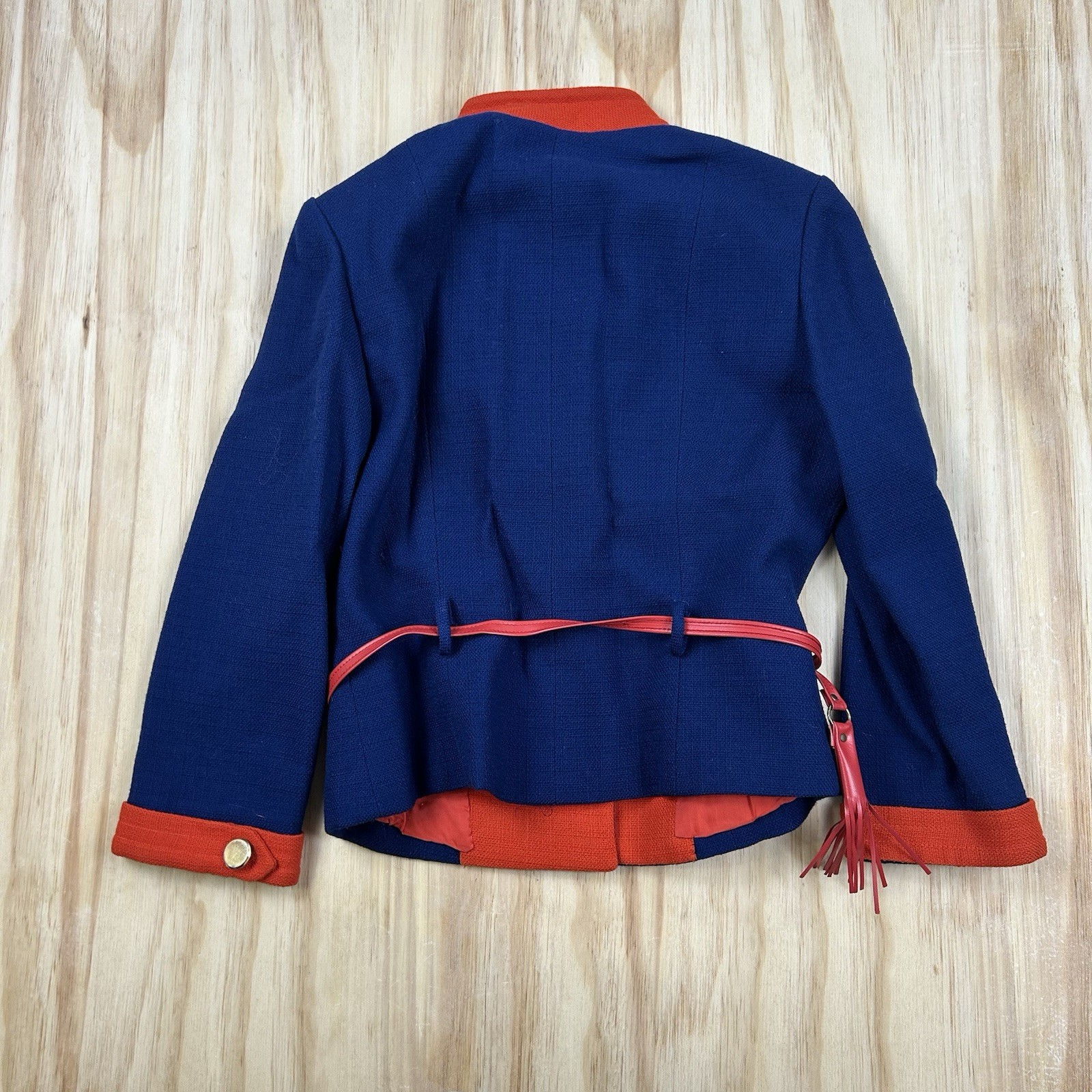 Barberini Women’s Vintage Unique Plaid Red and Blue Jacket Leather Tie Small