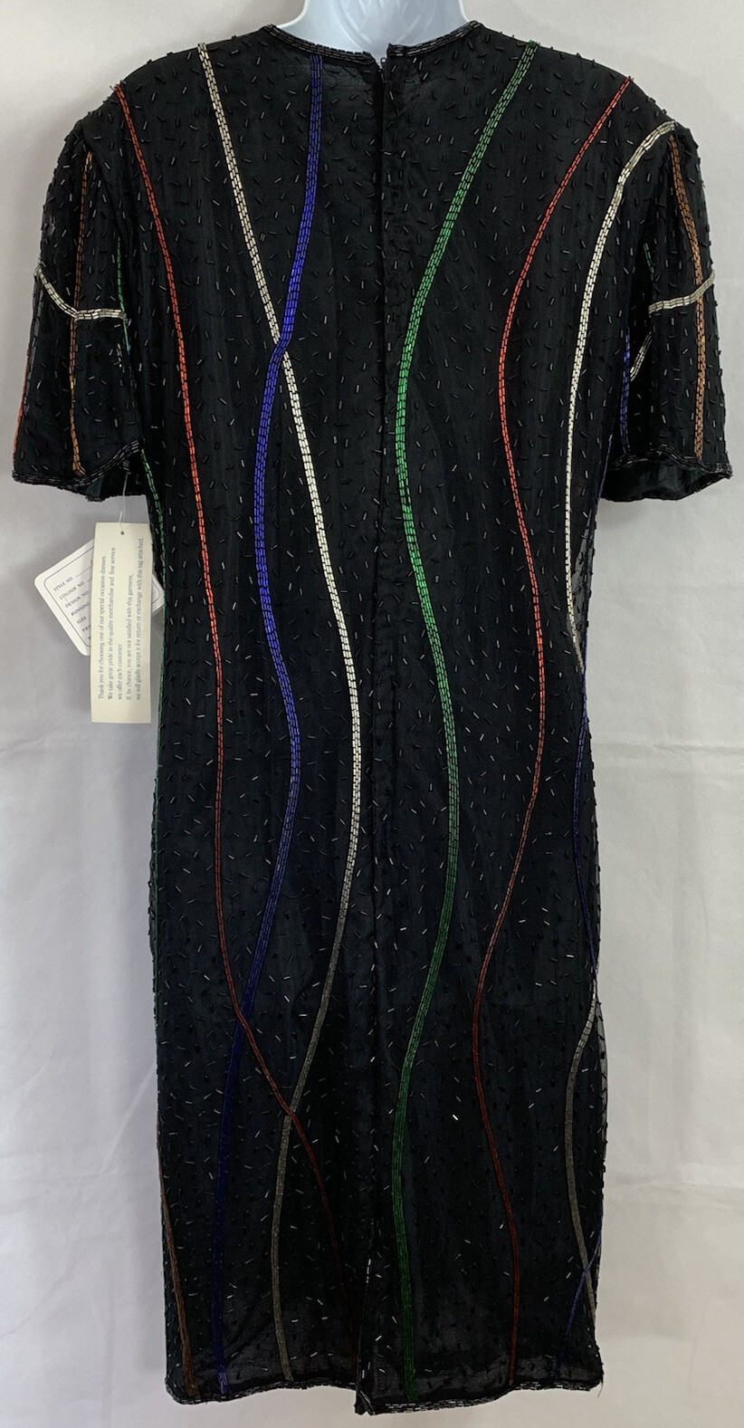 NWTs Vintage Sweelo Sz M Silk Black Multicolored Beaded Dress Lined Short Sleeve