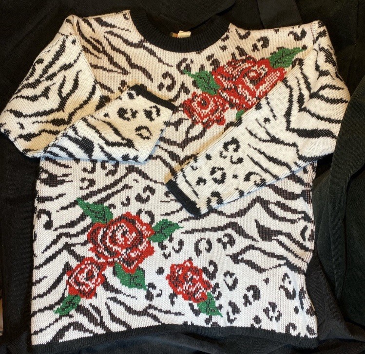 Vintage Sweater Zebra Cheetah Rose Black White Red Green