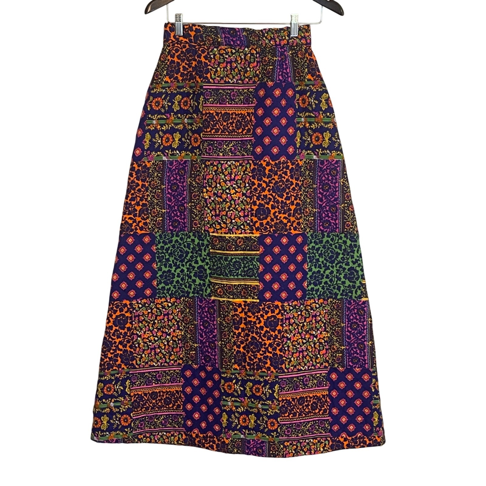 Vintage Quilted Maxi Skirt Floral Patchwork High Waisted A-Line Multicolor 70s