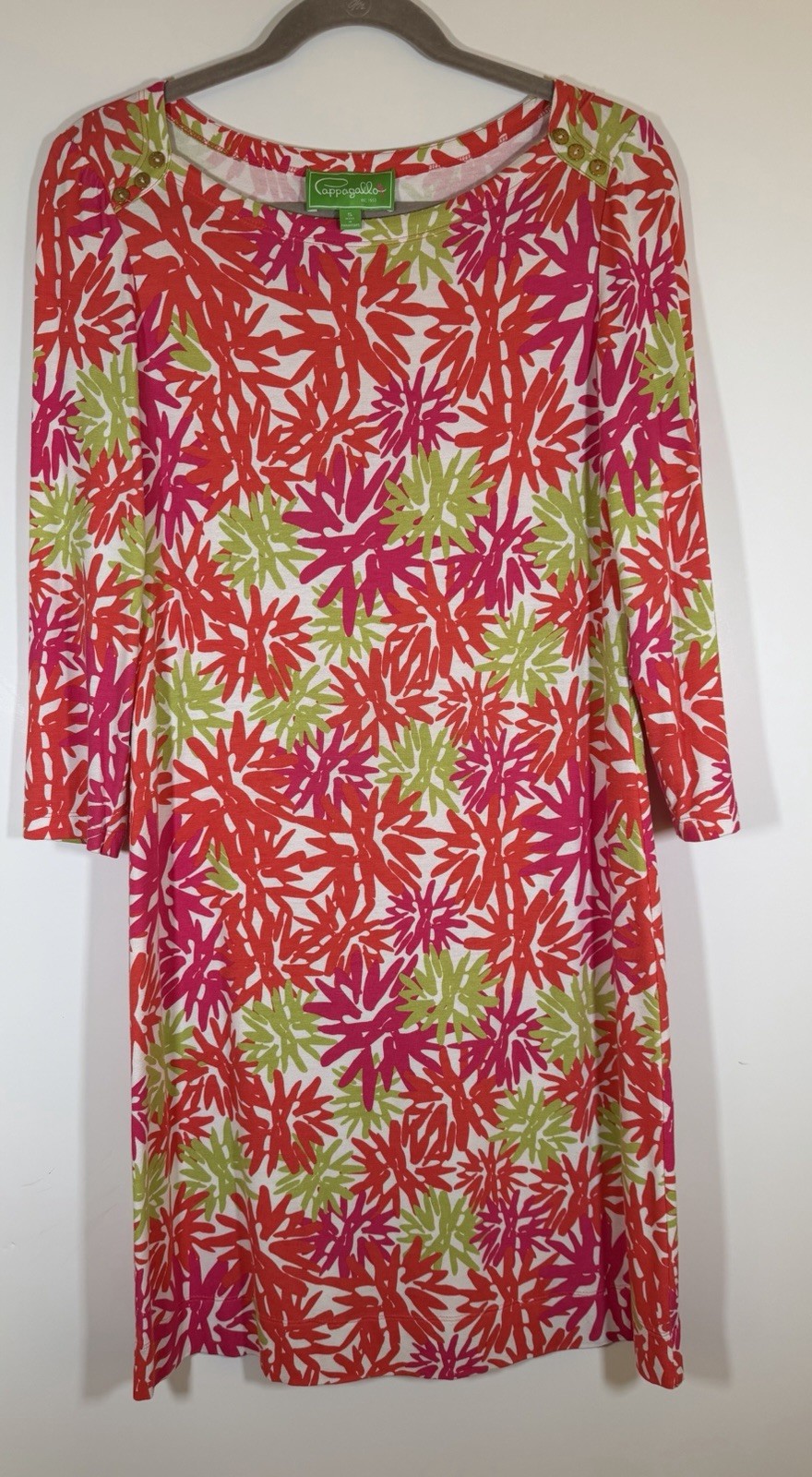 Vintage 90s Pappagallo neon floral palm trees stretch shift dress S preppy beach
