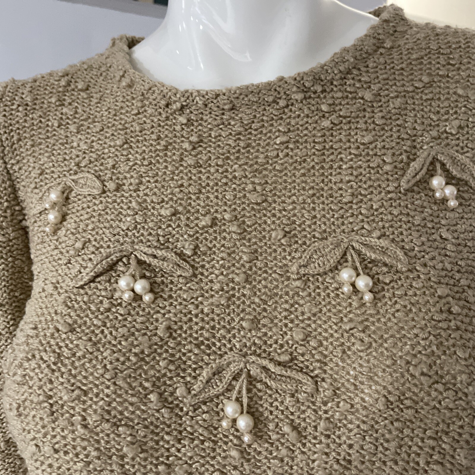 Le Roy Knitwear Vtg 60s With Faux Pearl Sweater Blouse Brown Sz S/M