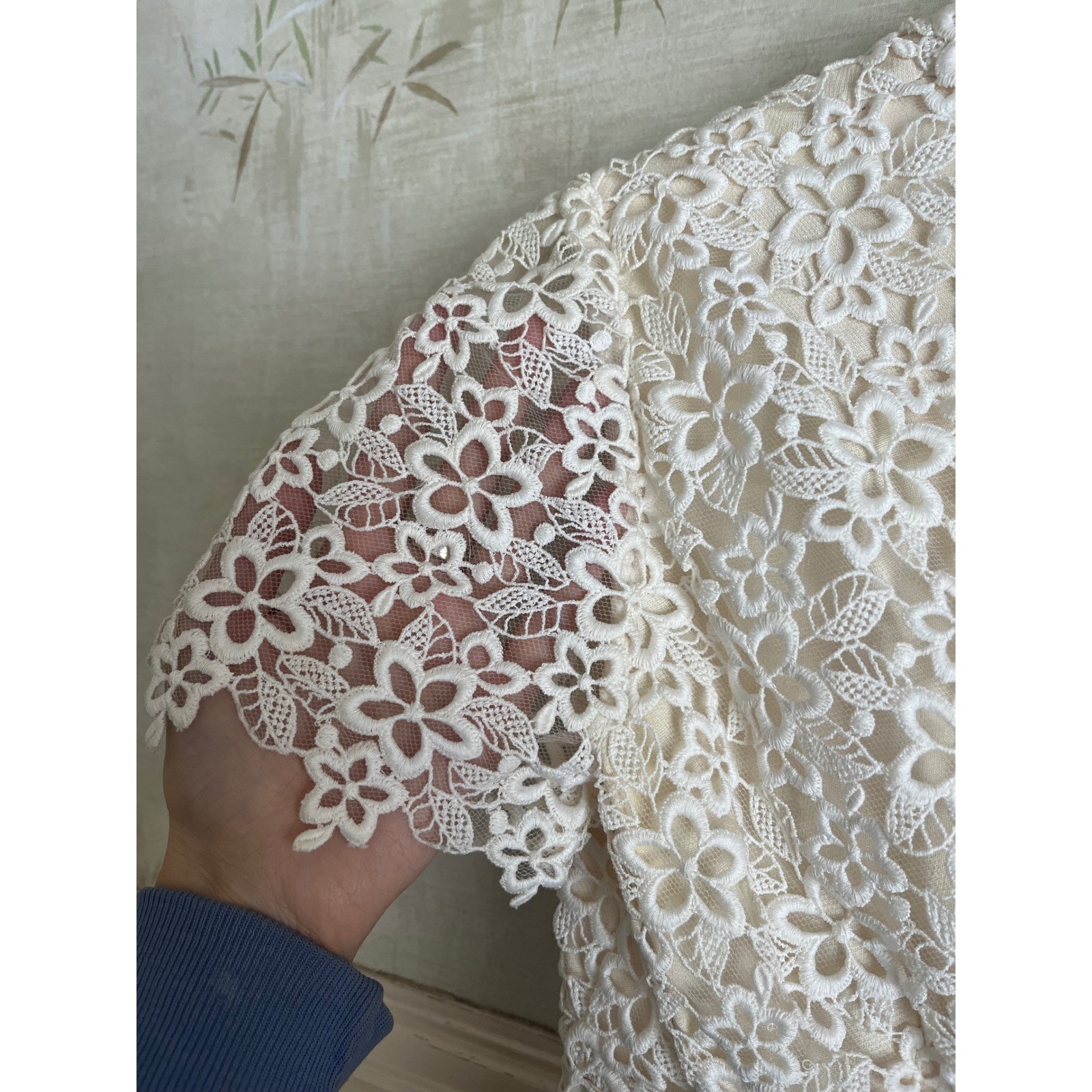 Vintage 60s Ivory Lace Raw Silk Wedding Gown Maxi Dress Empire Waist XS