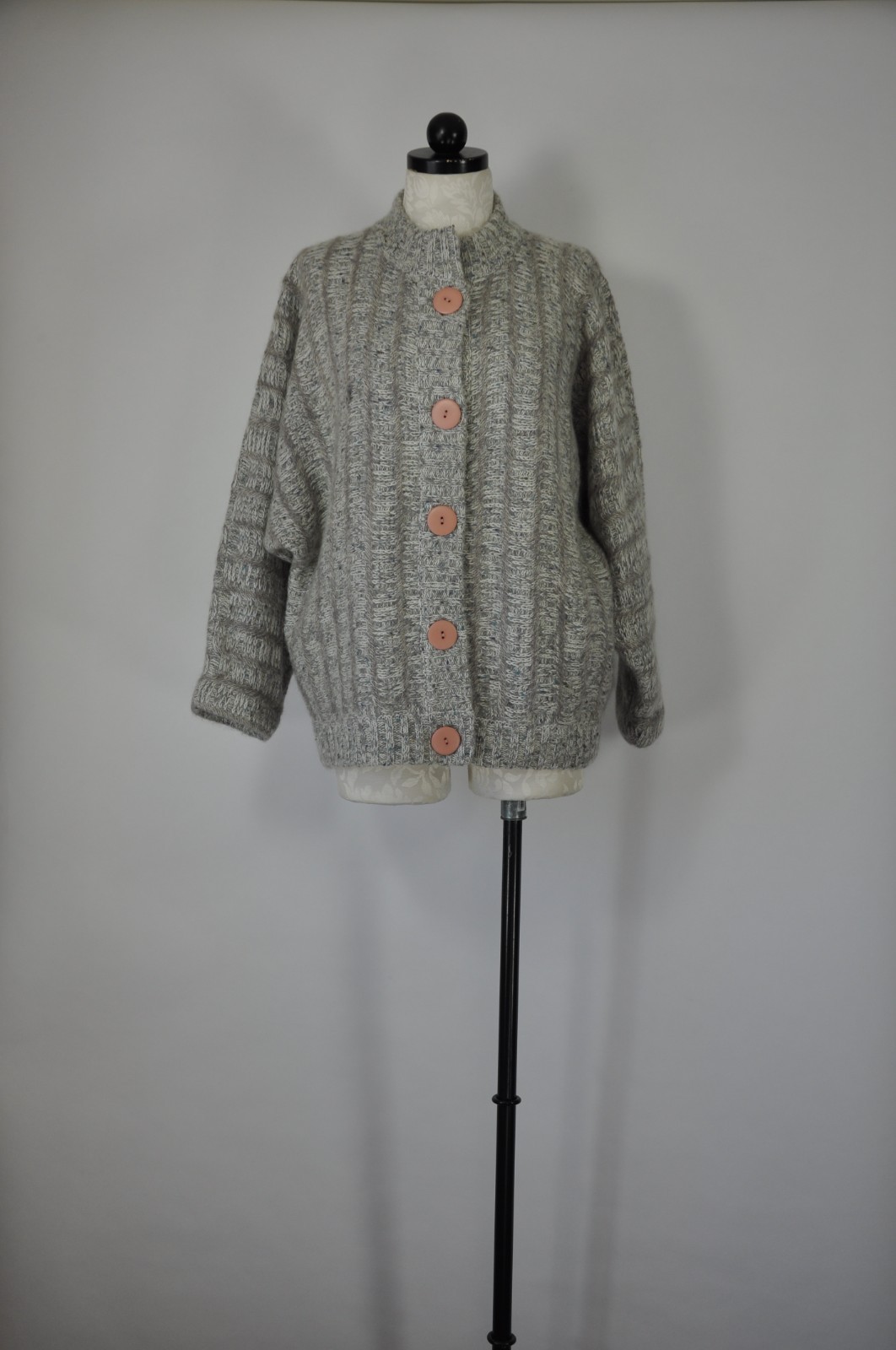 80s Vintage Gray Fuzzy Wool Mohair Buttoned Cardigan Sweater Jacket Women L XL