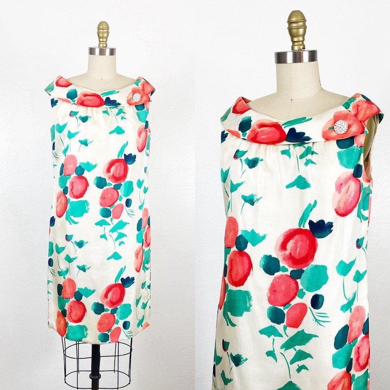 1960s Dress – Floral Dress – Garden Party Dress – Size Medium – Large