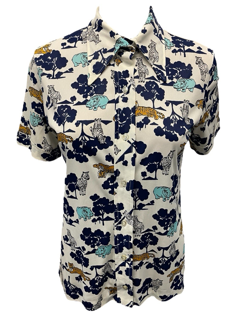 VTG 70s Animal Safari Motif Daggar Collar Short Sleeve Button Up Shirt Women’s M