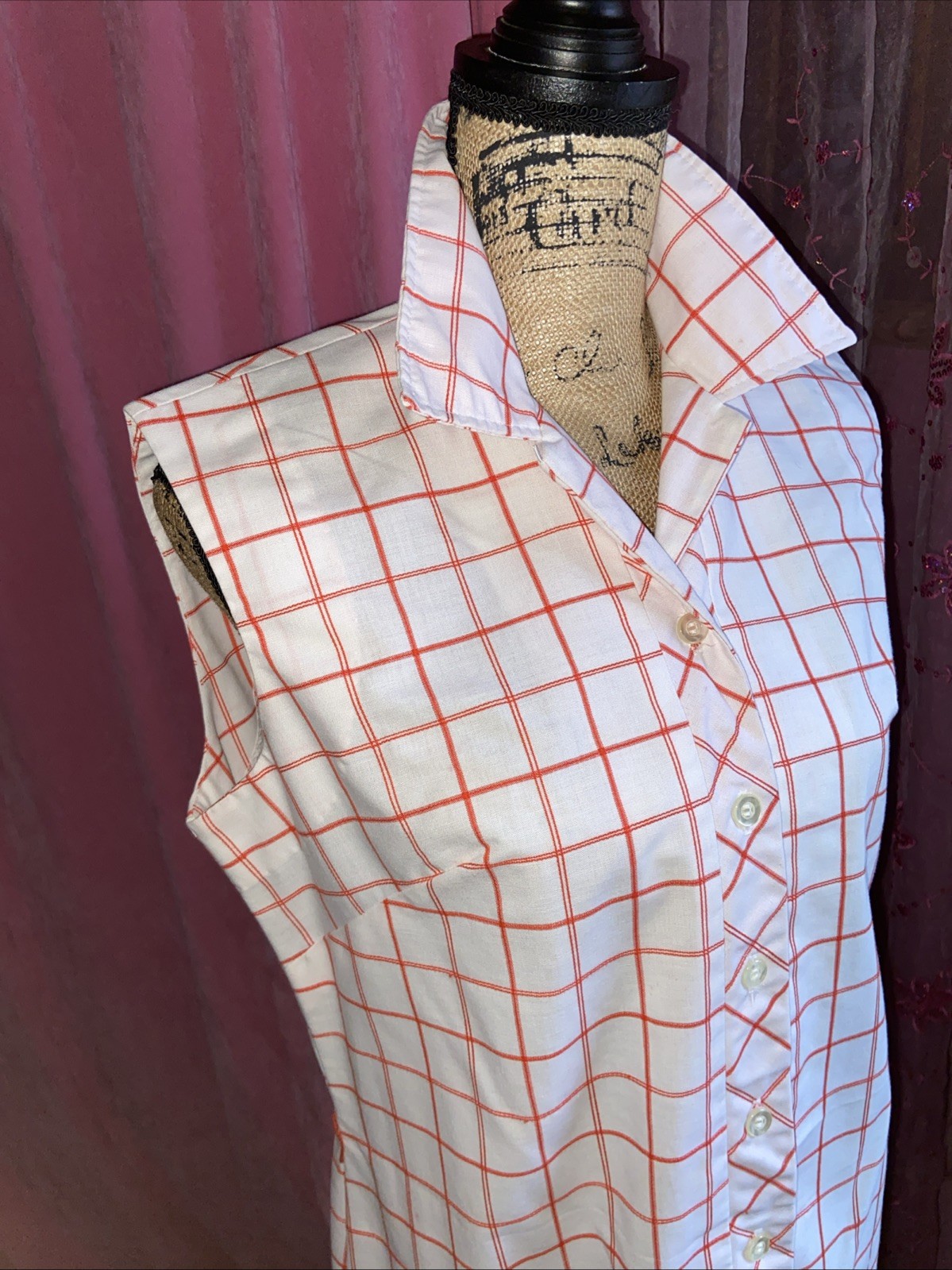 Vintage Retro Country Miss 1970’s Sleeveless White Cotton Orange Plaid Dress 16