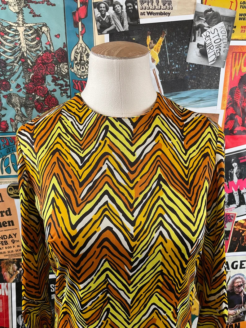 Vtg 60s Yellow Mod Zig Zag Drop Waist Dress Womens Small Psychedelic Gogo Sz 2/4