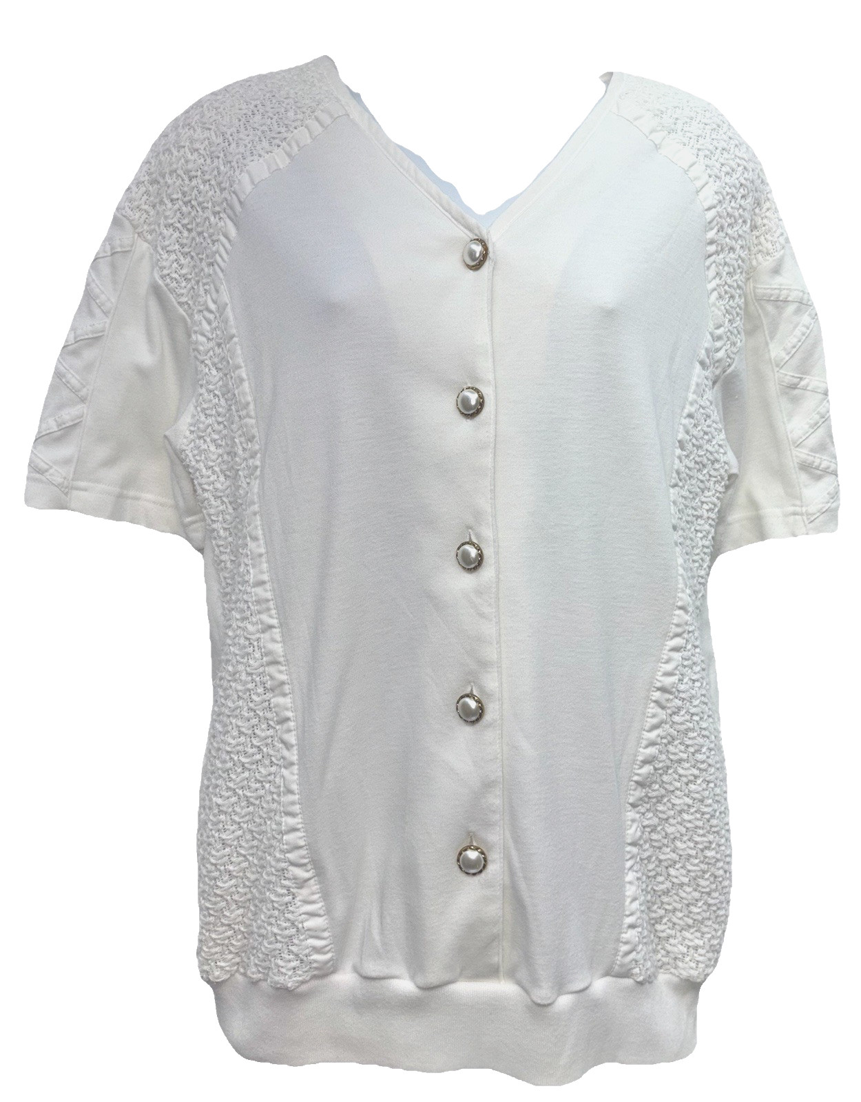 Vintage Rafael Women Size S Short Sleeve Button Up V-Neck Top White Side Pockets