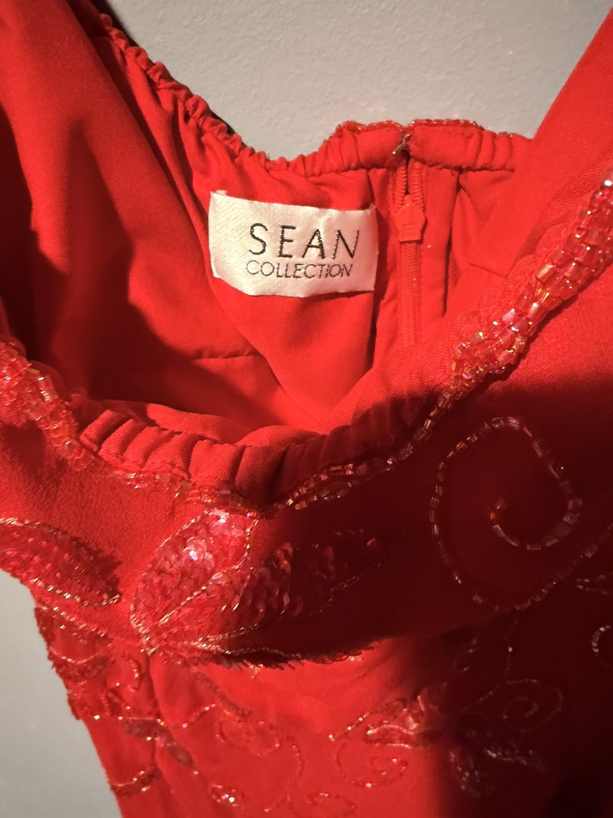 Vintage Sean Collection XL Red Beaded Silk Gown Stunning Strapless