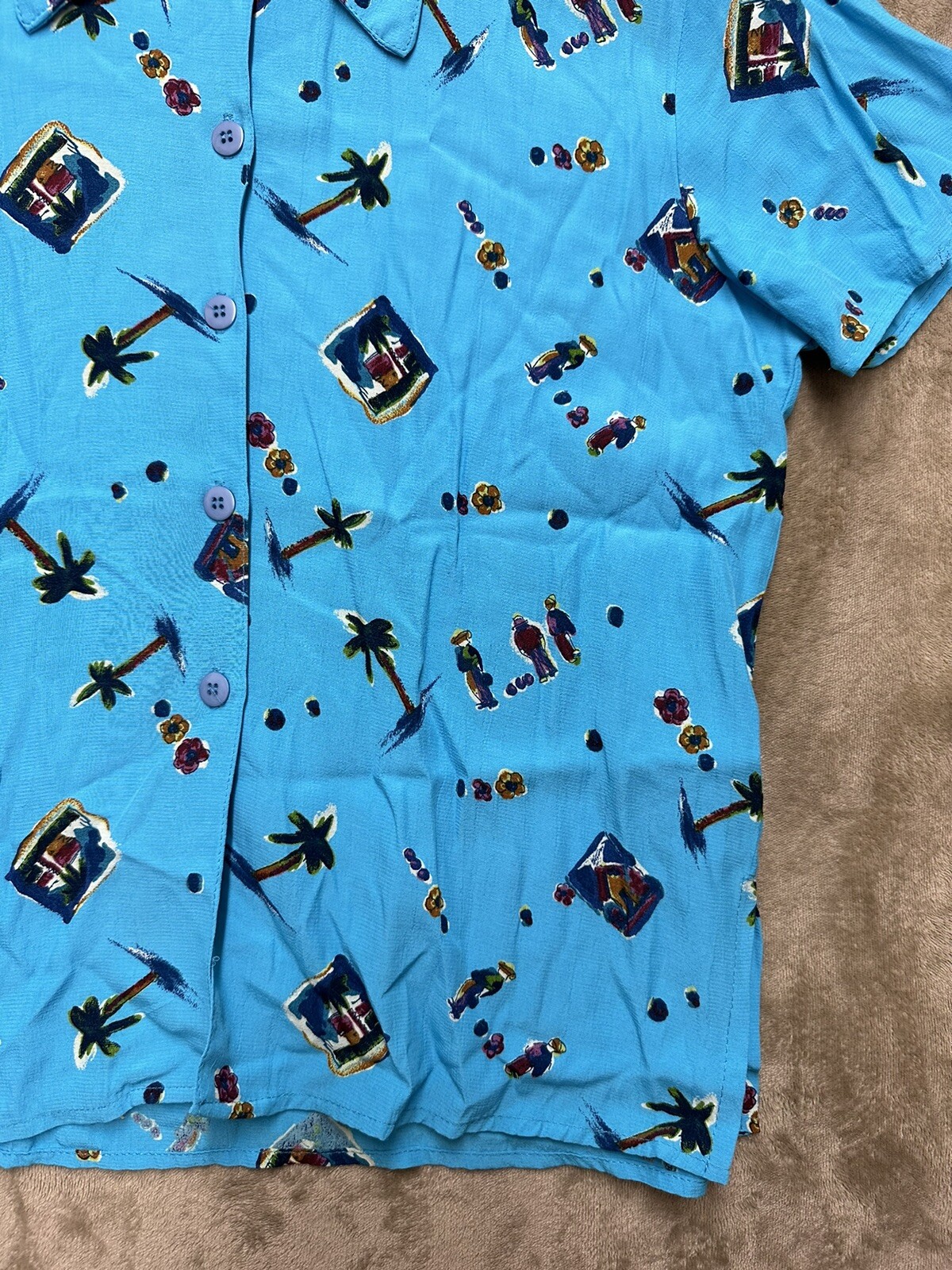 VTG 80s womens SA designs Hawaiian palm tree Button Down Shirt made in USA Blue