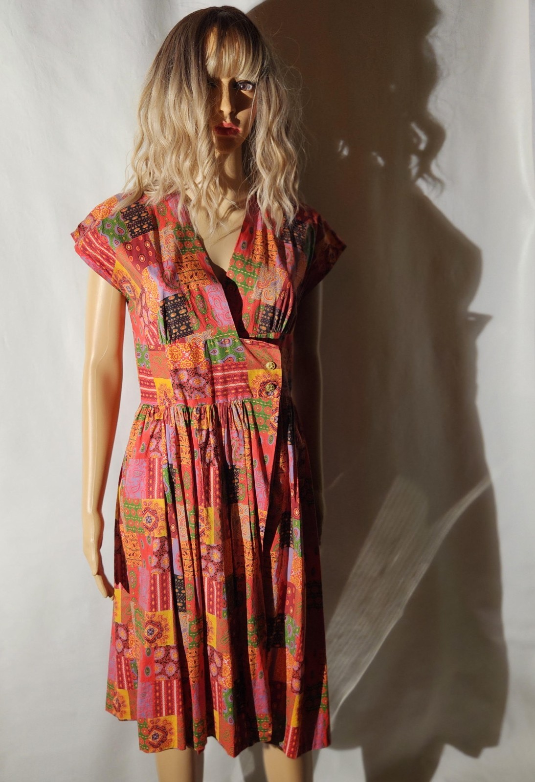 VINTAGE PATCHWORK PRINT ORANGE TIE UP DRESS PAISLEY PRINT GROOVY DAY DRESS M/L