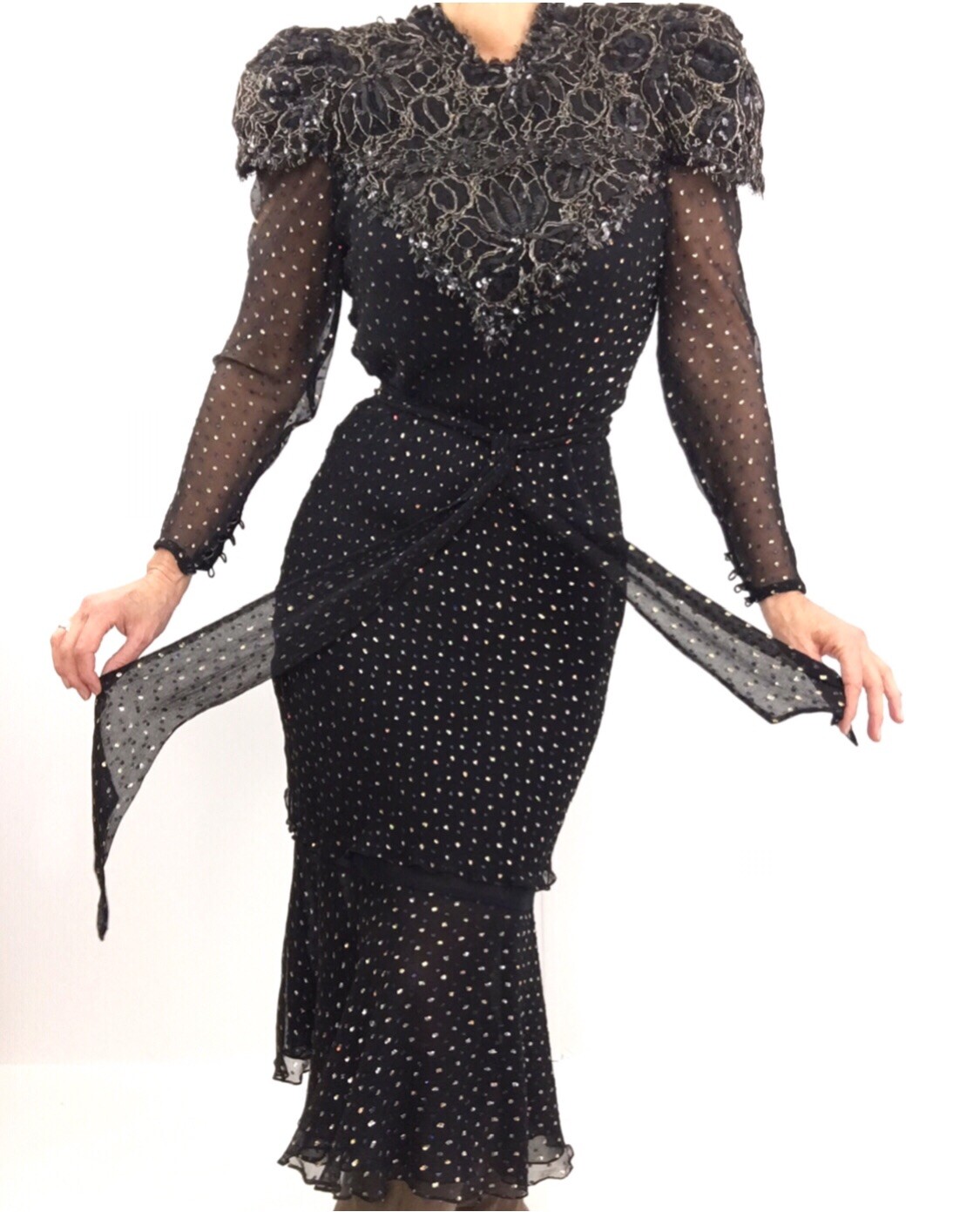 Vintage Judy Hornby Pure Silk Heavily Beaded Bodice Dress W/ Polka Dots Size M
