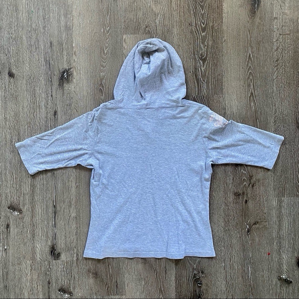 Vintage 00s Harley Davidson Holoubek hooded half sleeve tshirt gray w pink trim