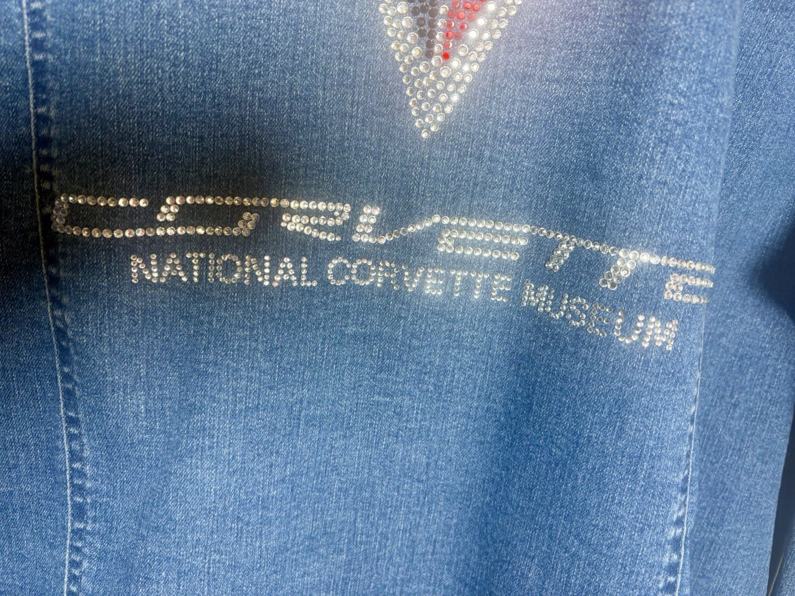 C8 Corvette Jeweled Denim Jacket embroidered jeweled logo on the back.