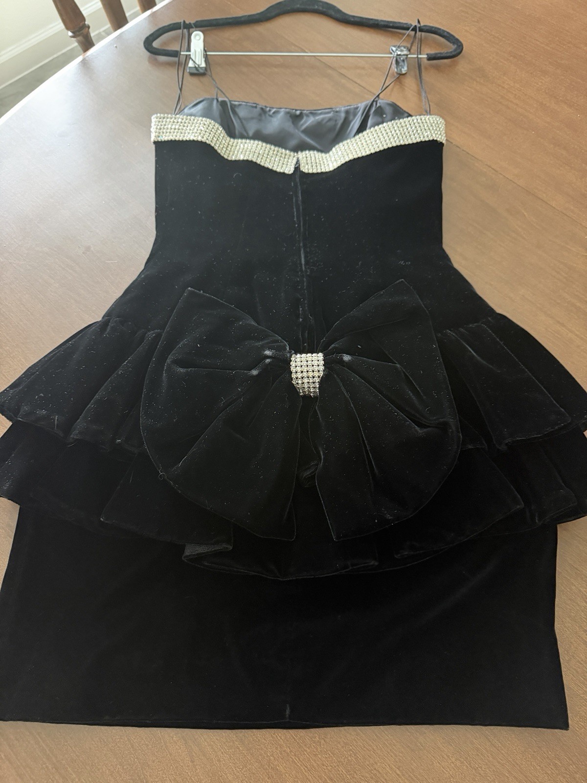 Women’s Vtg Strapless Black Velvet Dress Big Bow Rhinestones Size XS 80’s 90’s