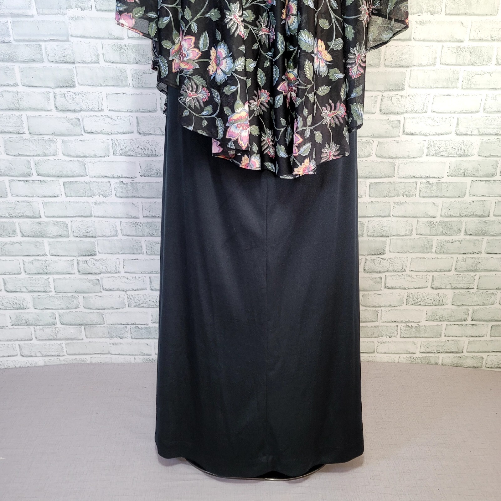 Vintage 70s Black Floral Capelet Disco Maxi Dress Pink Flower Accent Sleeveless