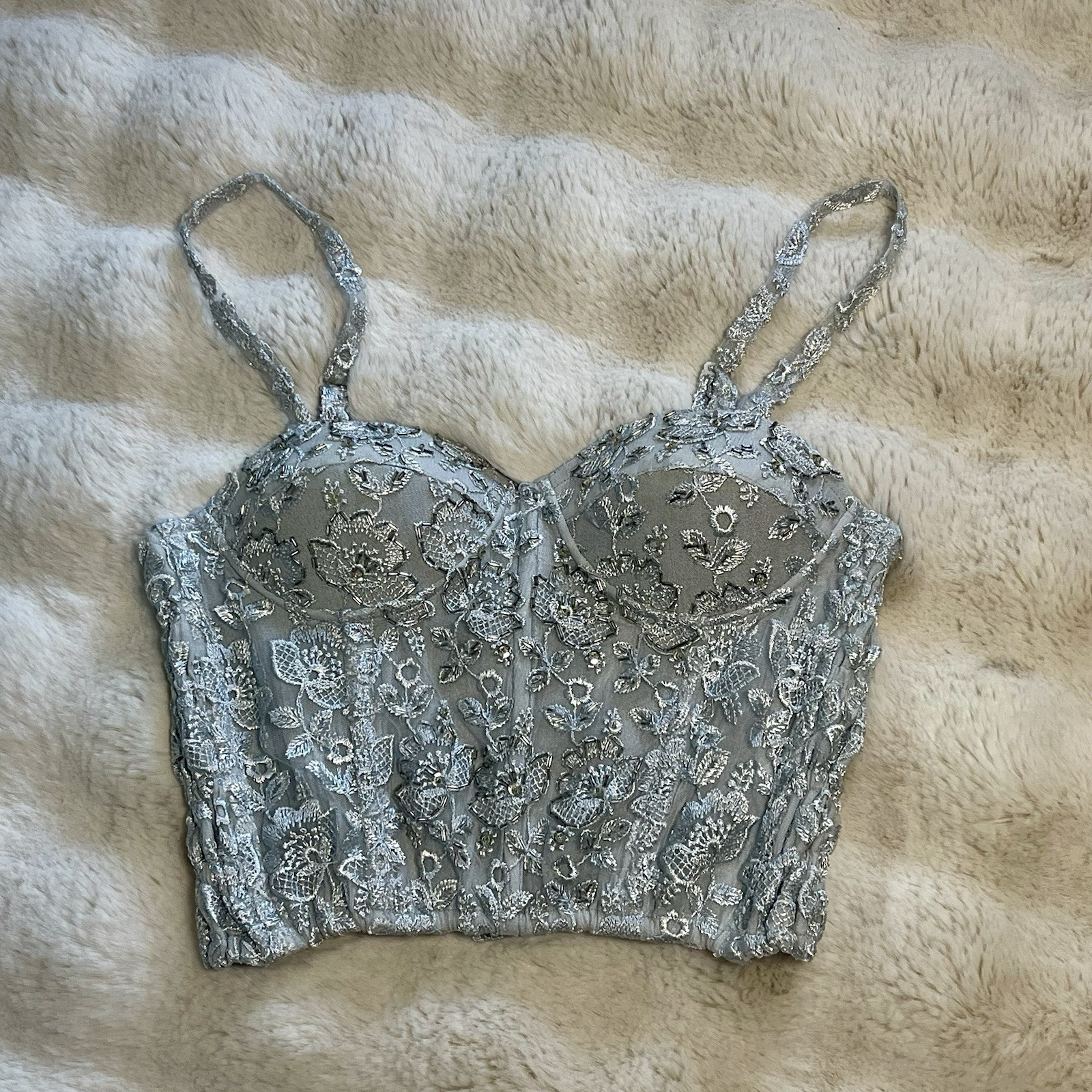 The Icing Vintage 90’s Silver Floral Lace Beaded Bustier Blouse Chic 2 Pc Set