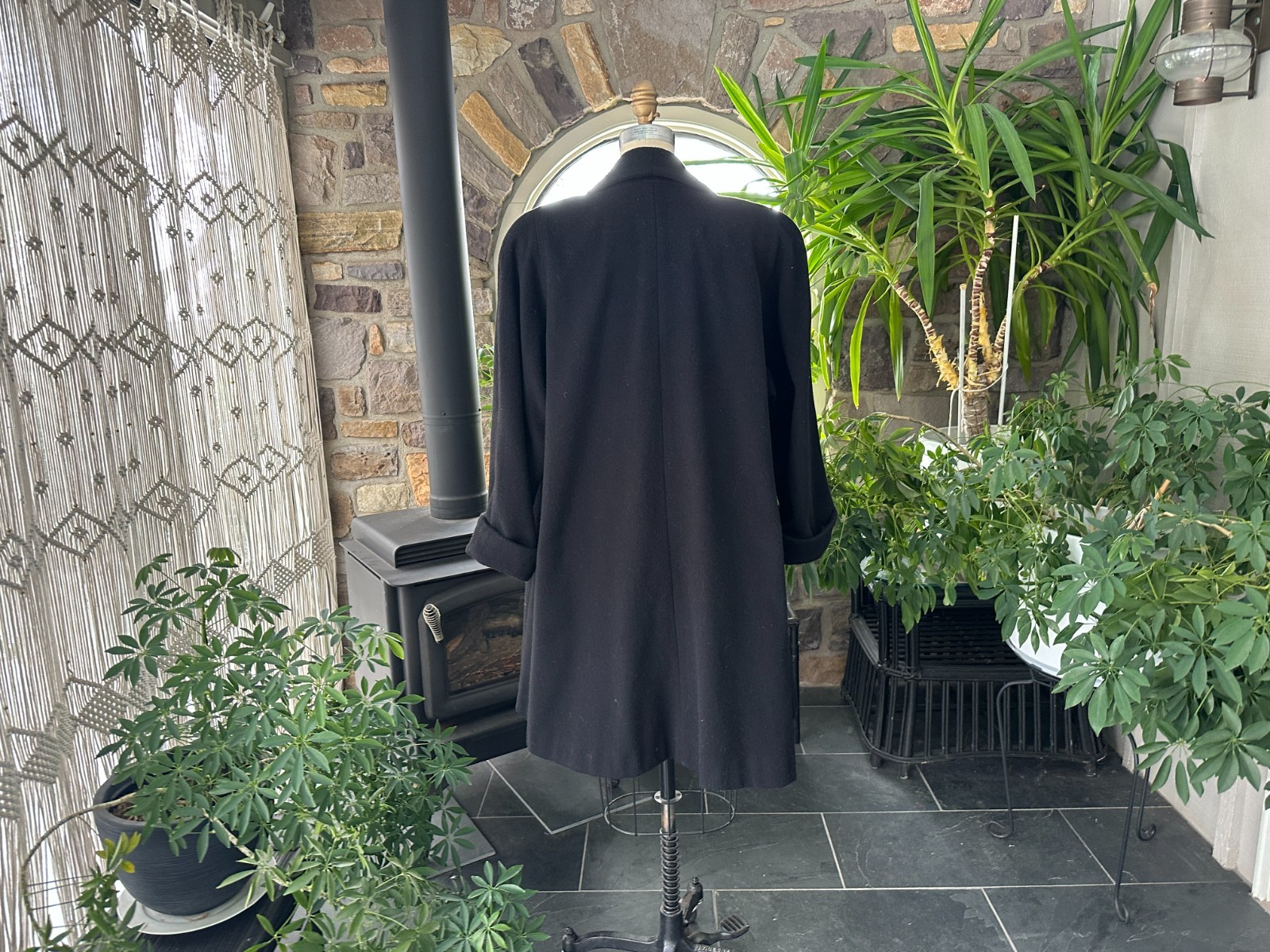 Vintage 1980s Black Wool Blend Open Front Swing Coat Herman Kay