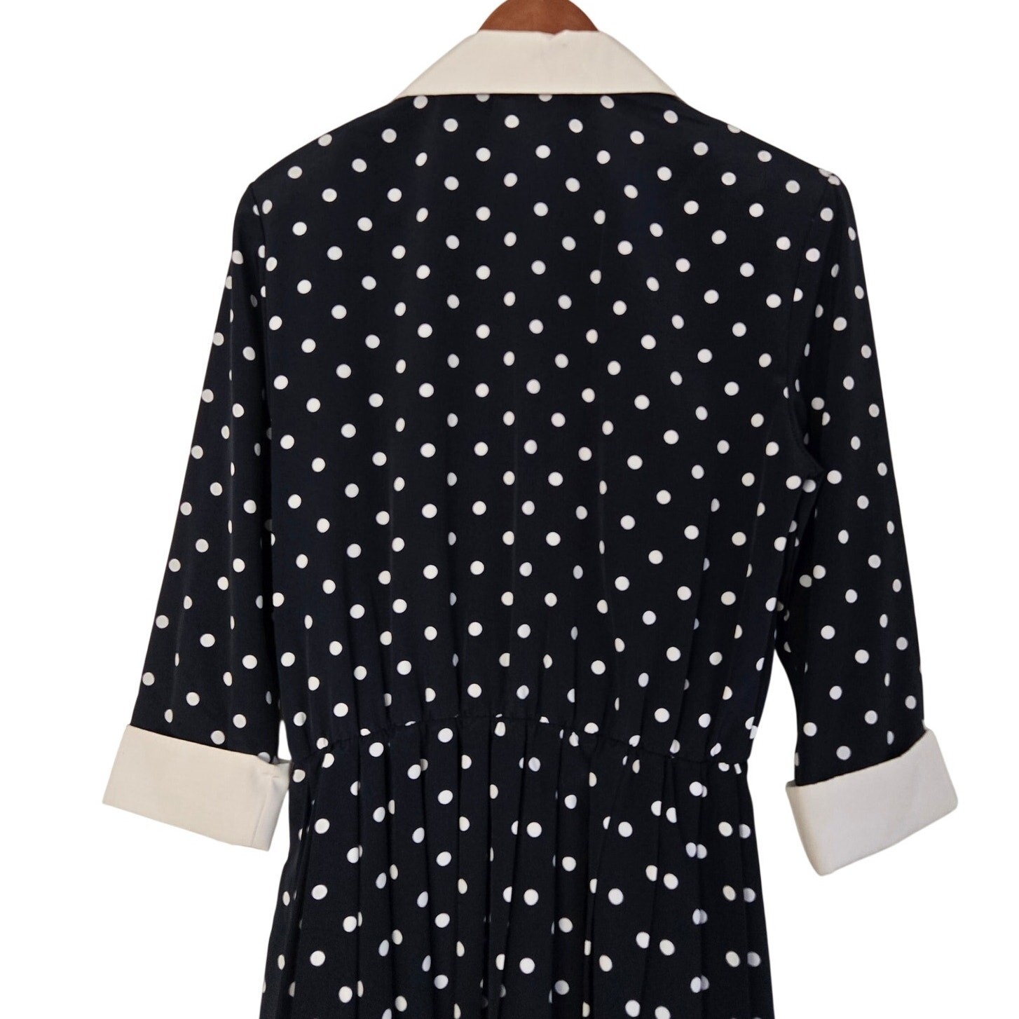 Vintage Serbin Dark Academia Blue Polka Dot Midi Shirt Dress Contrast Collar 10