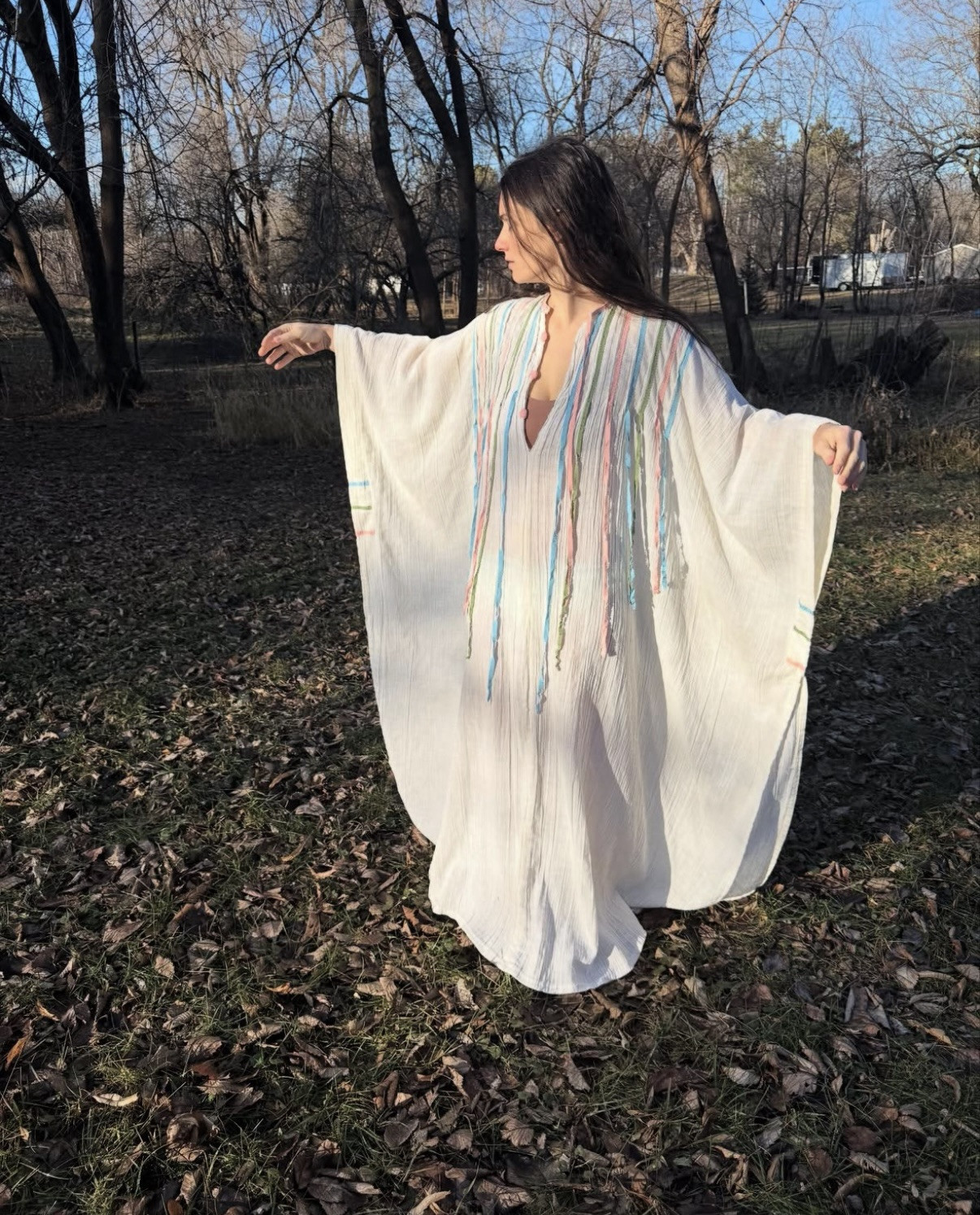 Vintage 1970s Cotton Gauze Ribbon Caftan Open Size