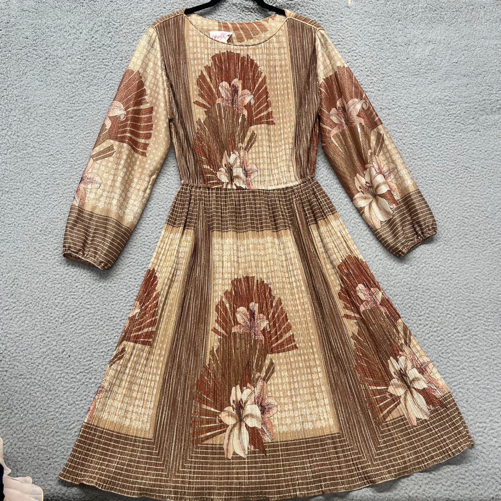 Vintage Dress Womens M Metallic Gold Floral Miss Carol Long Sleeve Classy 60’s