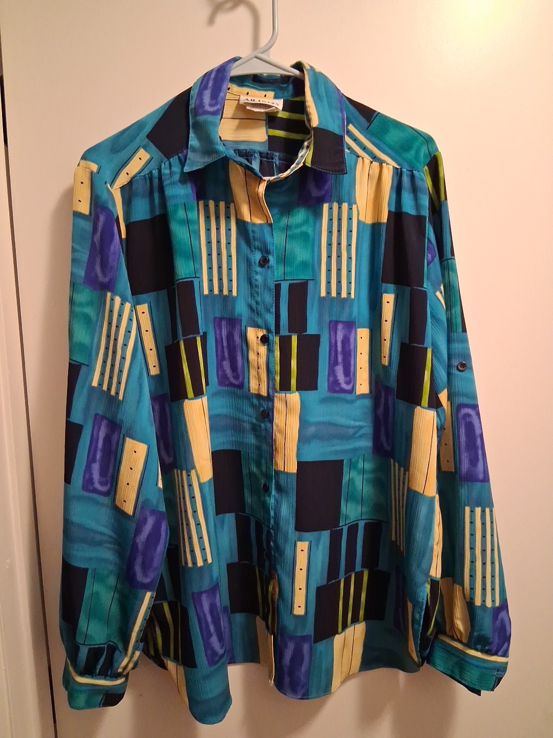 Vintage 80s All Hours Blue/Green/Yellow Long Sleeve Button Front Blouse Sz L