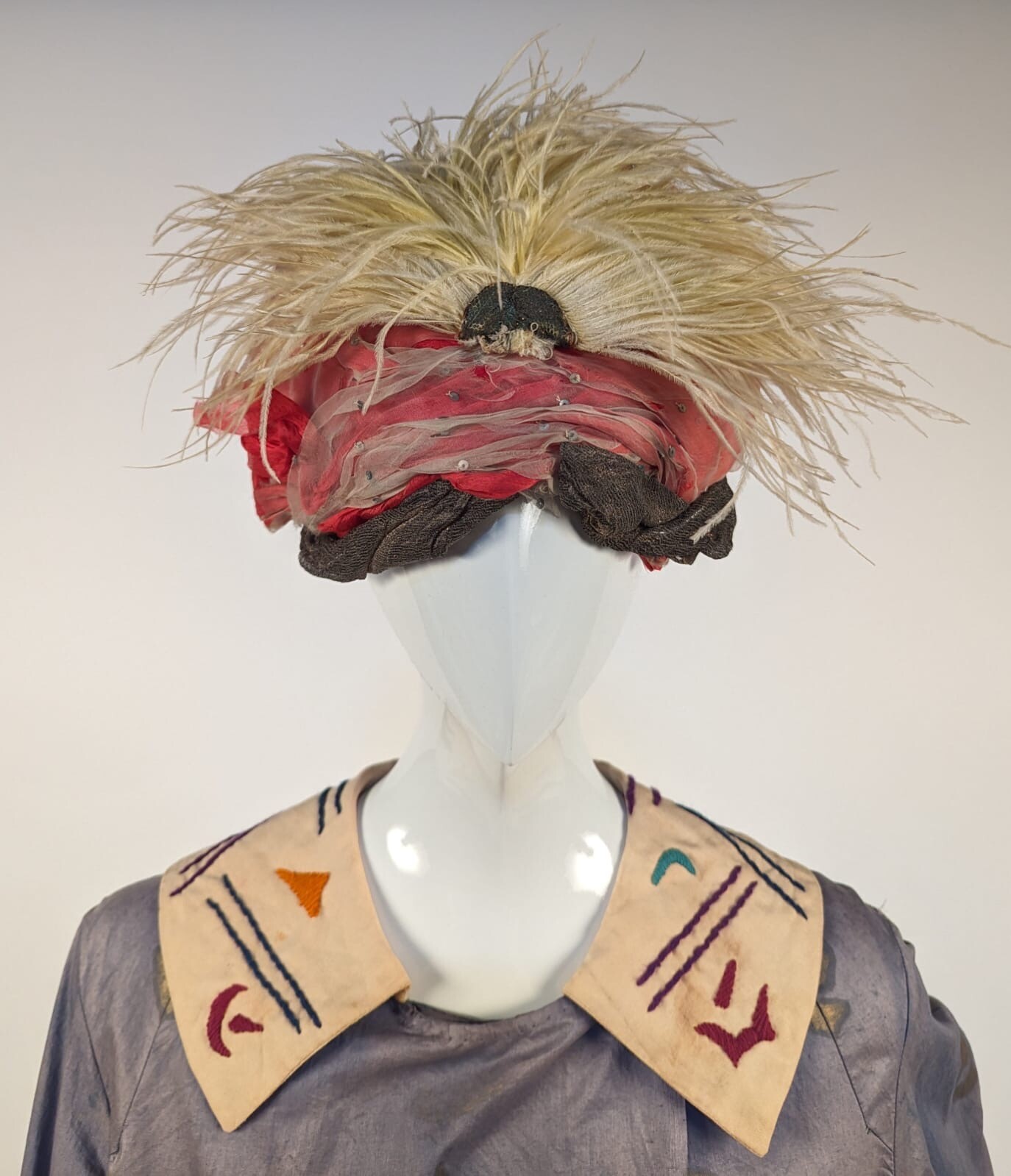 1920’S GOLD STENCILED FORTUNE TELLER HALLOWEEN COSTUME W FEATHER TRIMMED TURBAN