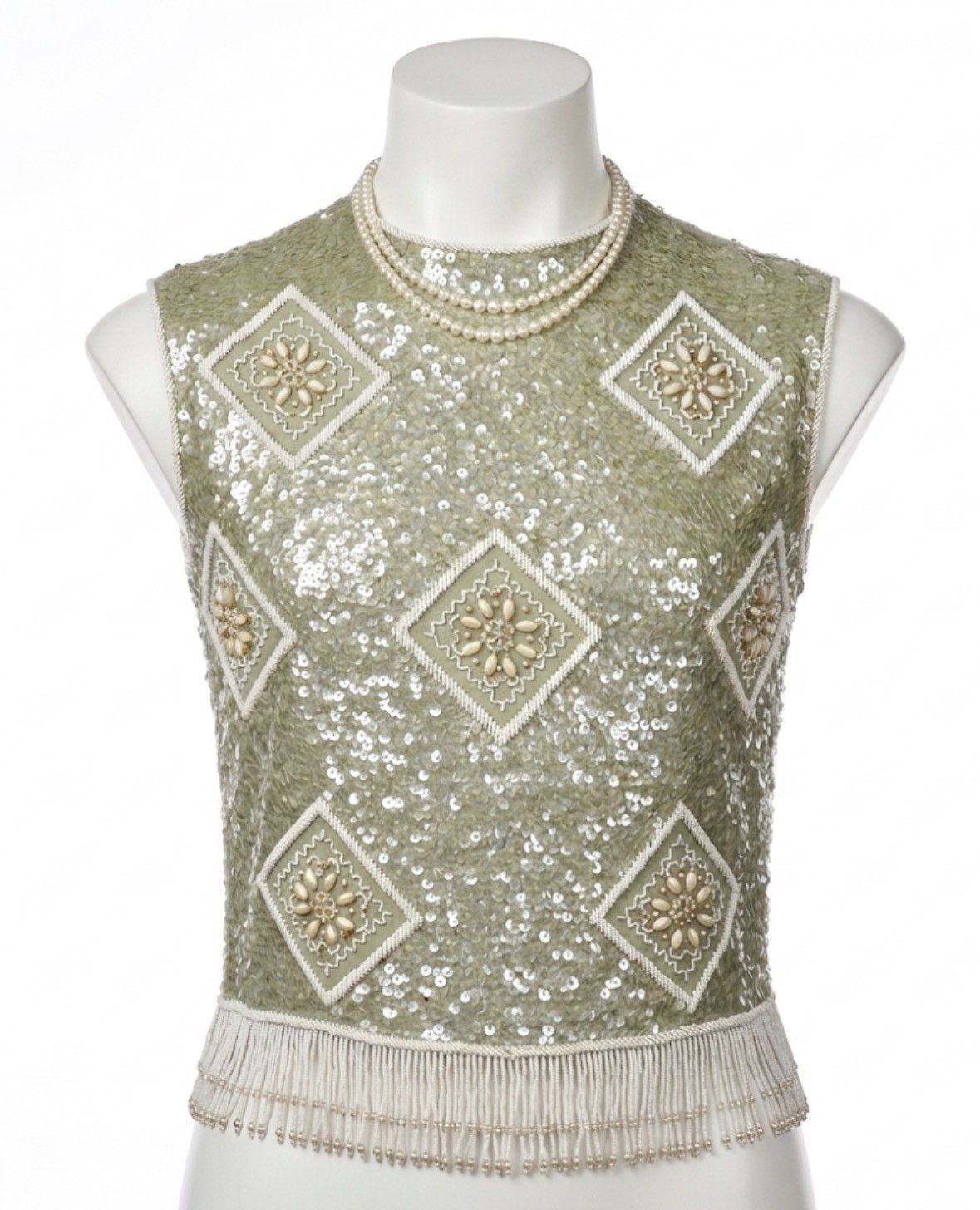 1960s Hong Kong Silver Blue Sequin Embellished Sleeveless Top