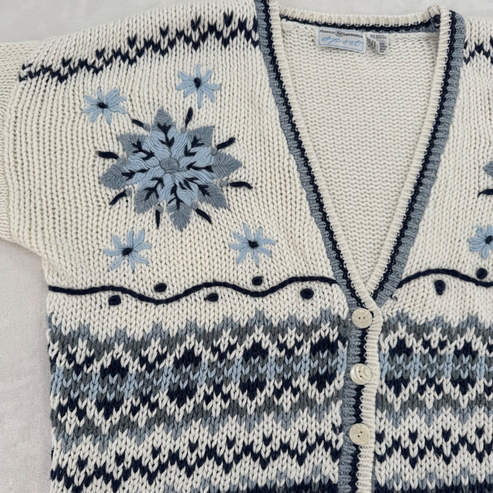 Maggie Lawrence Sport Vintage 90s Fair Isle Floral Embroidered Cardigan Sz Large
