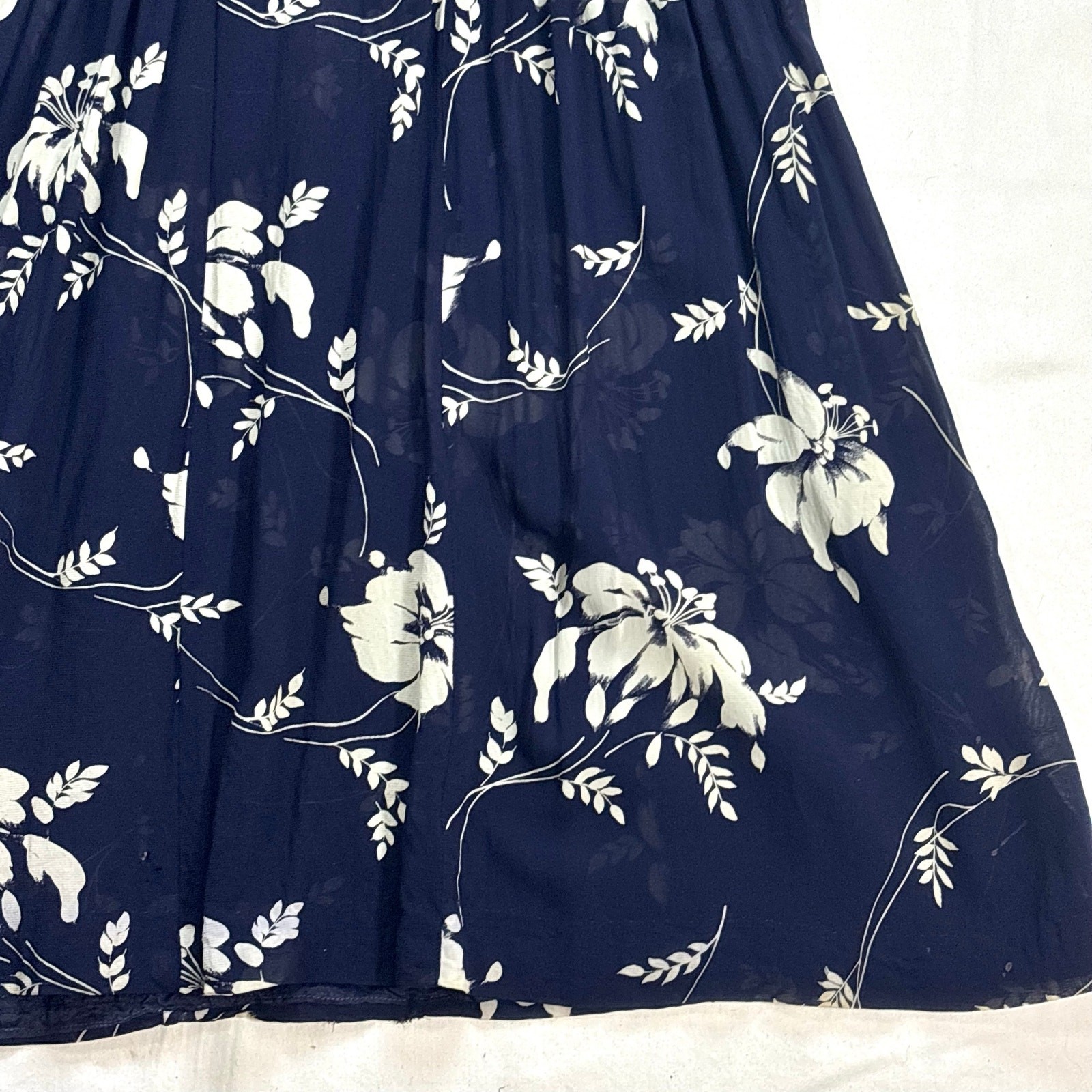Vintage 1940s Silk Chiffon Shirtwaist Dress Navy Blue Tropical Floral Print