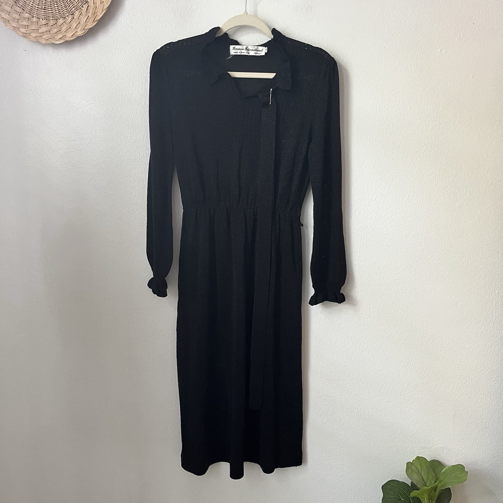 70s Berman International black metallic sweater dress slinky belted ruffle S/M