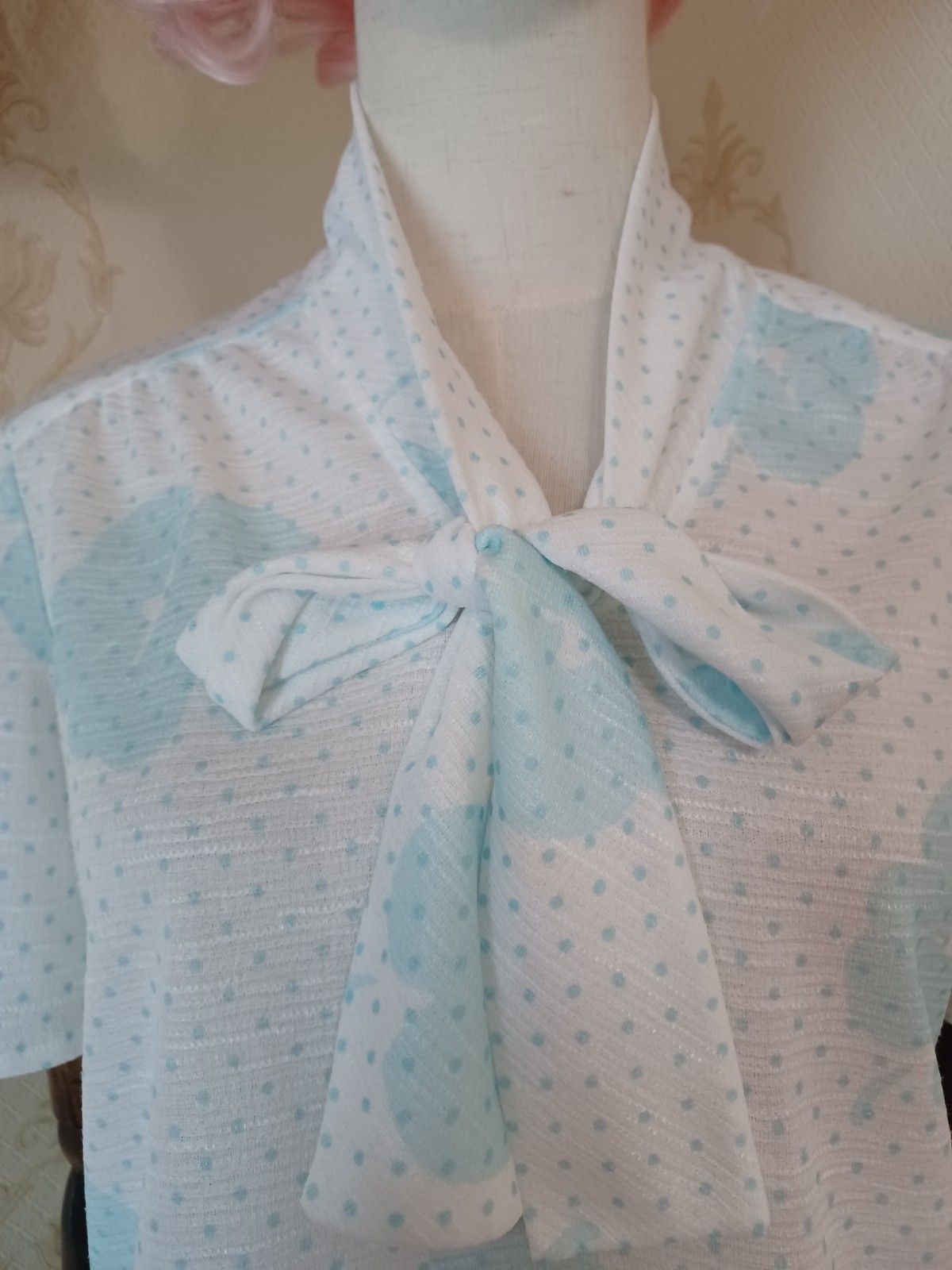 Vintage 1970s/80s Fire Islander Pastel Aqua Polka-dot Pussybow Secretary Blouse
