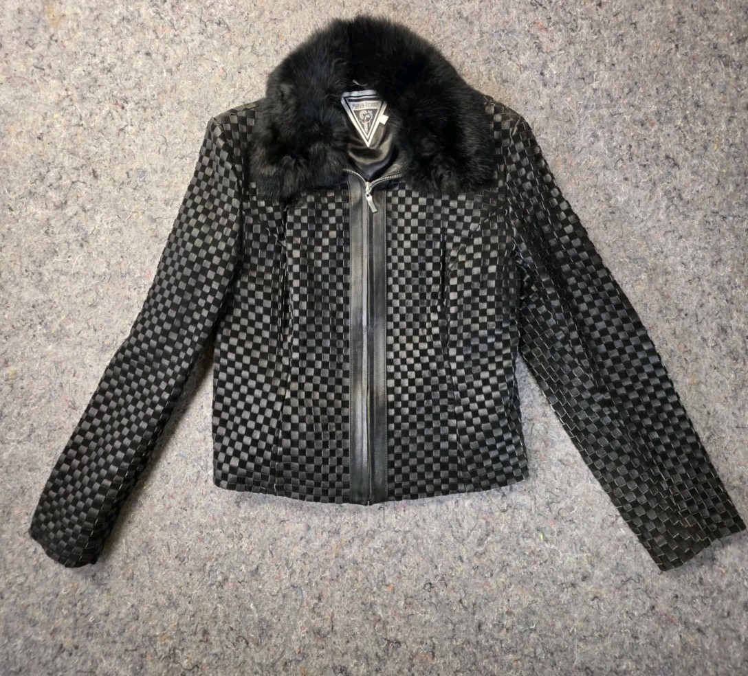 VTG „Marvin Richards” Women’s Genuine Leather Jacket, Rabbit Fur Trim, Size L