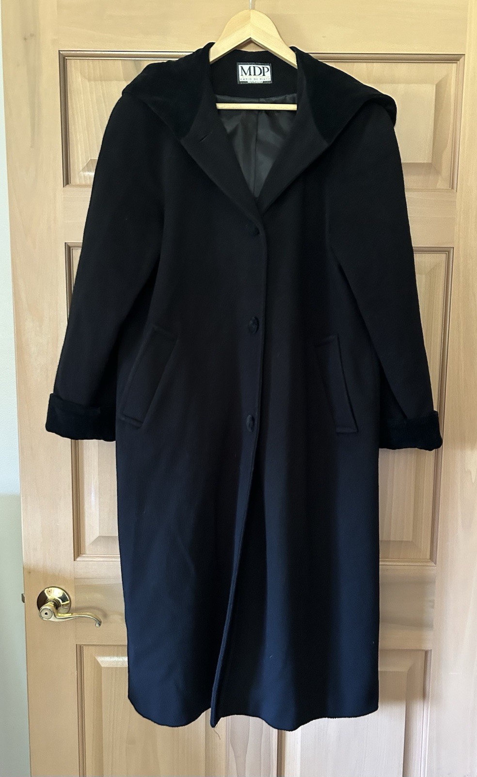 VTG Mario De Pinto Black Wool Hooded Maxi Coat with Velvet Trim Modern Size M