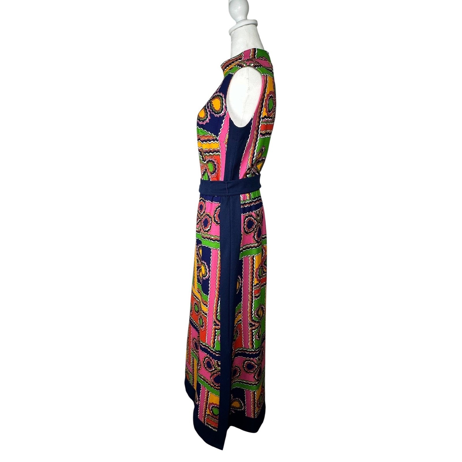 Vintage Kay Winds Geometric Maxi Dress Mock Neck Sleeveless Multicolor Size 8
