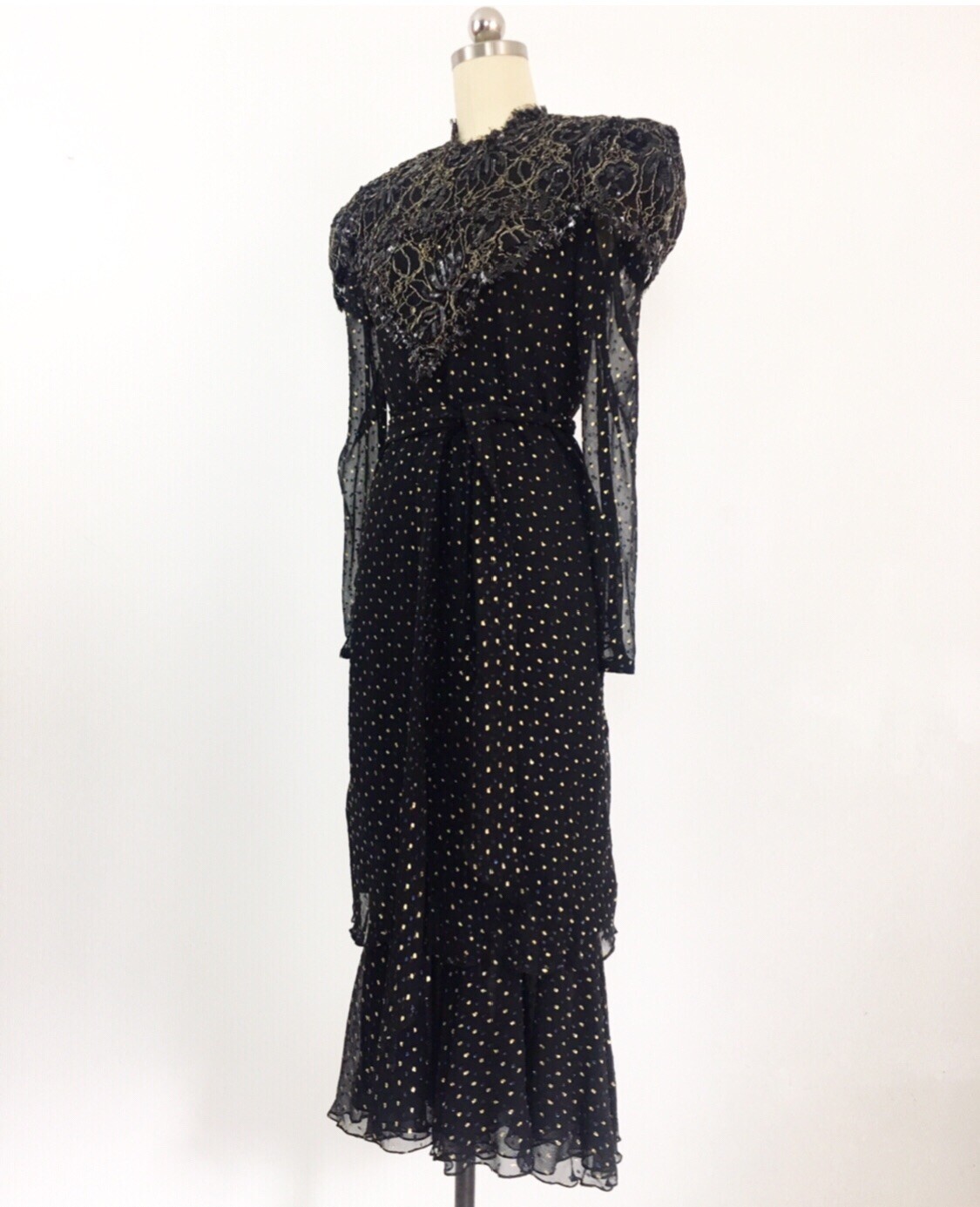 Vintage Judy Hornby Pure Silk Heavily Beaded Bodice Dress W/ Polka Dots Size M