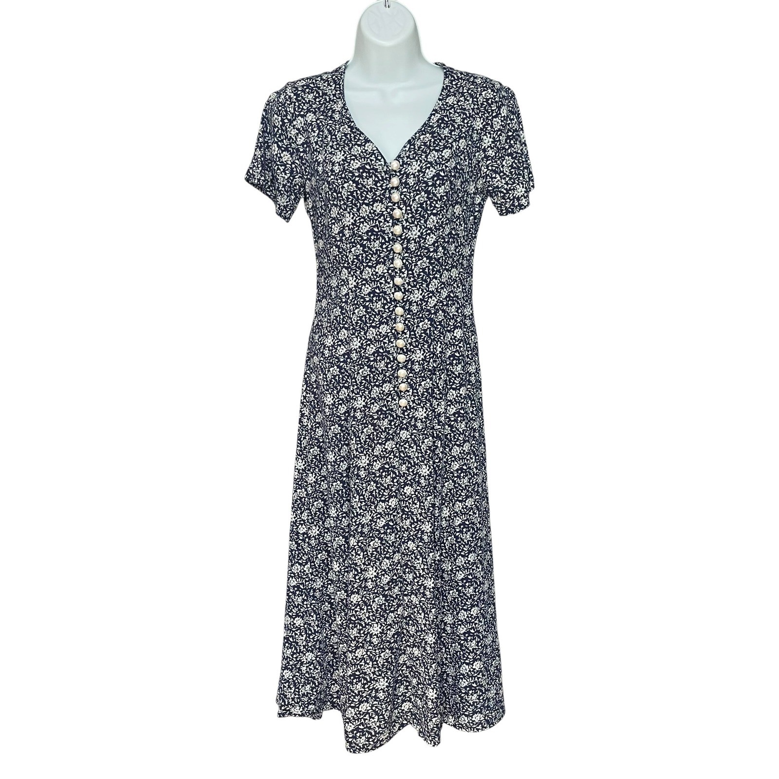 Vintage Paris Sport Club Dress Navy Floral Midi Faux Pearl Button Juniors Size 3
