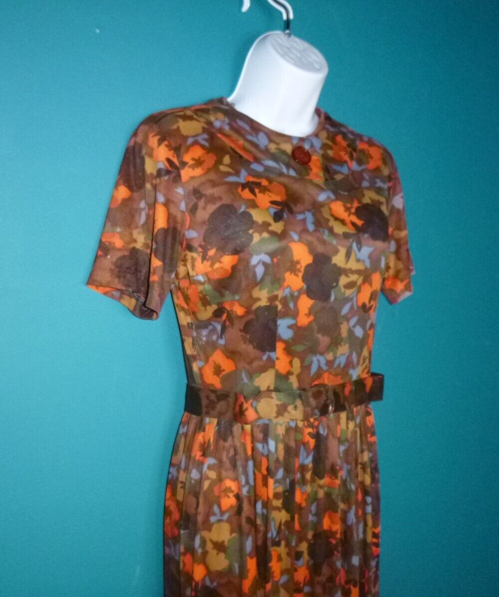 Vtg 60s Nylon Stretch Fabric Dress Multi Color Brown Orange Floral Sz S/M