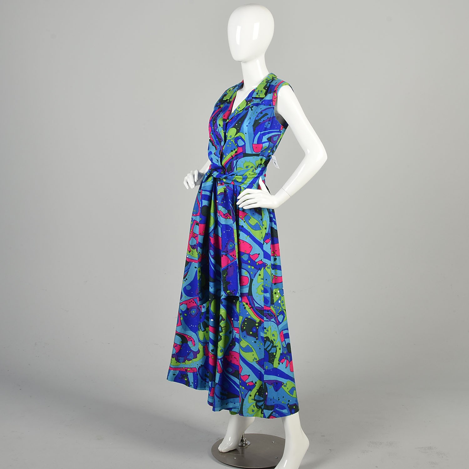 Small 1970s Jumpsuit Hawaiian Abstract Neon Wide Leg Belted Sleeveless Jumpsuit