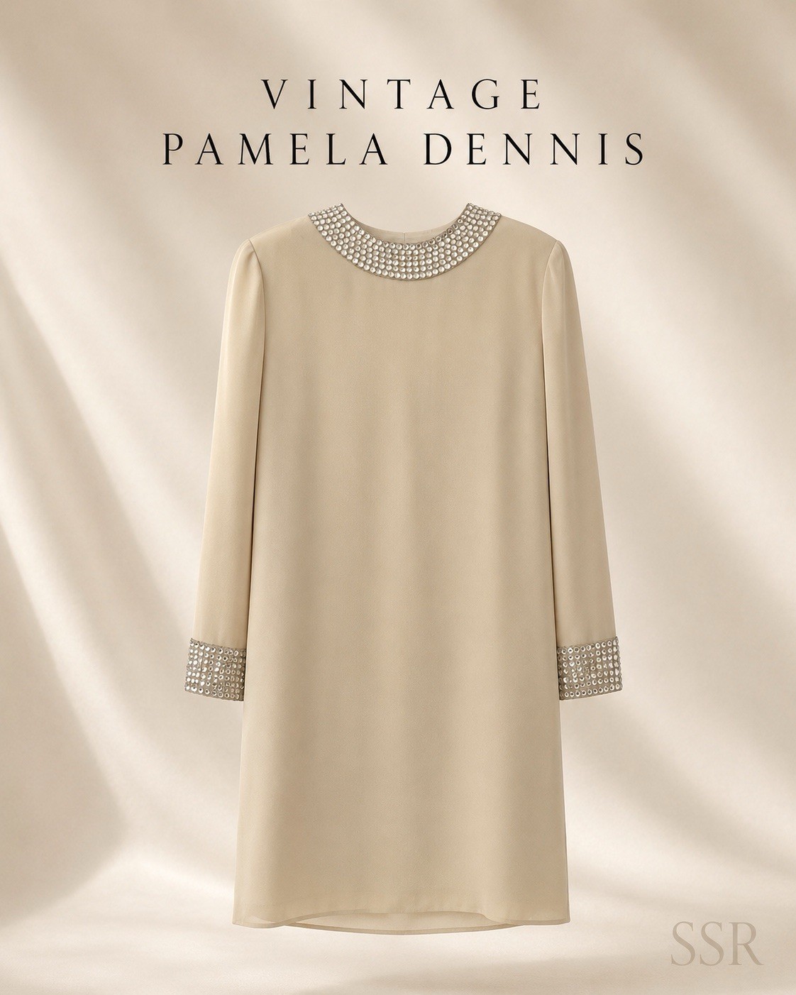 Vintage Pamela Dennis New York 100% Silk Beaded Jewel Collar Cocktail Dress Crea