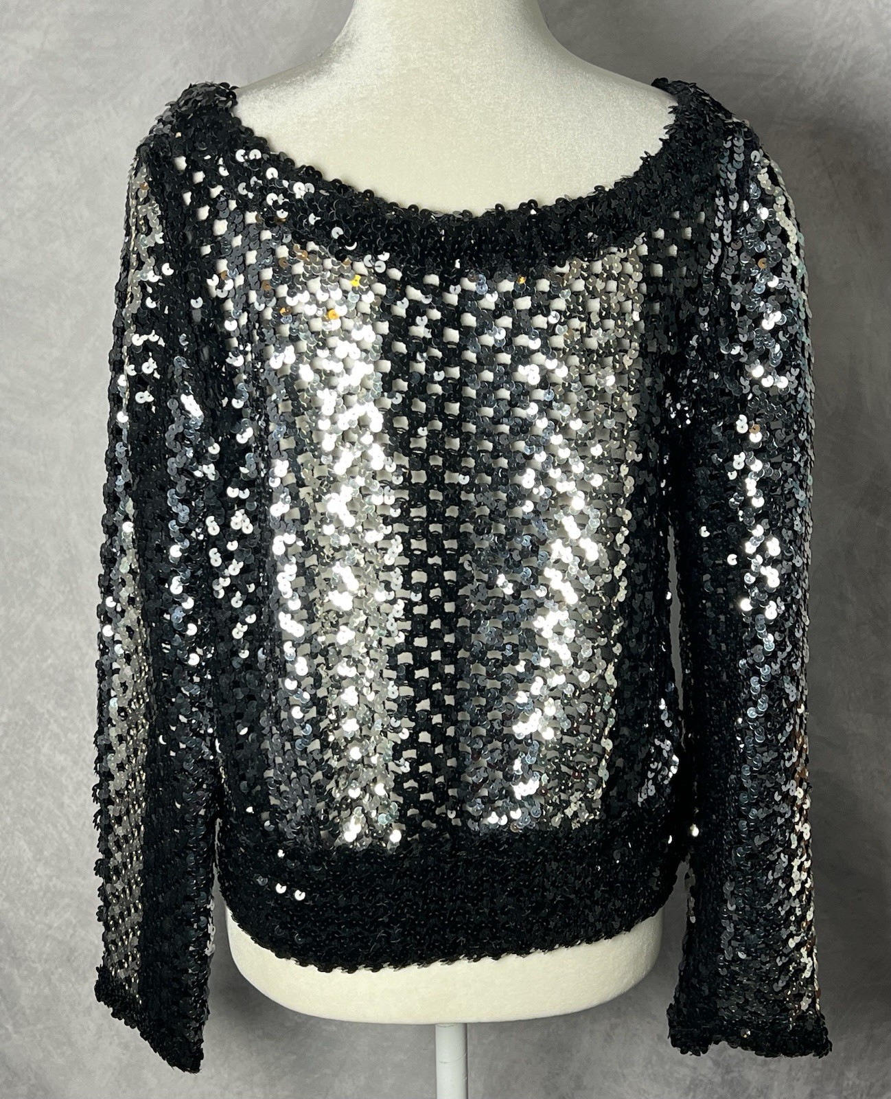 Vintage 1970s Lilli Diamond Black Silver Sequin Open Weave Crop Sweater Sz M/L
