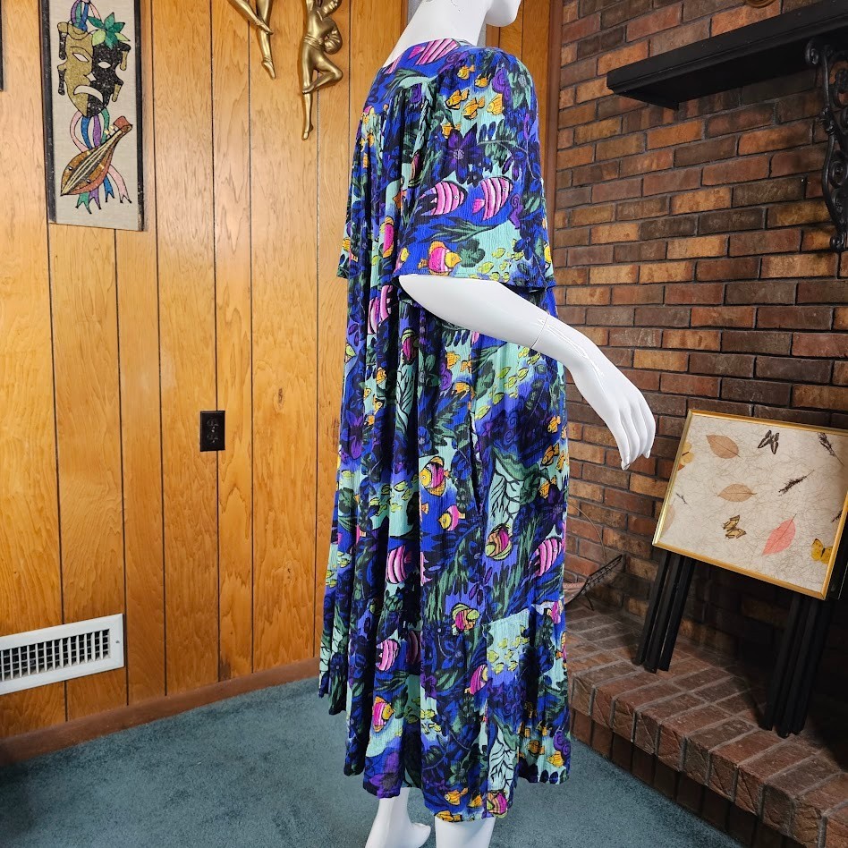 Vtg Mrs. Roper Lounge Caftan Volup Muumuu Tropical Fish Patio Pool Dress L/XL
