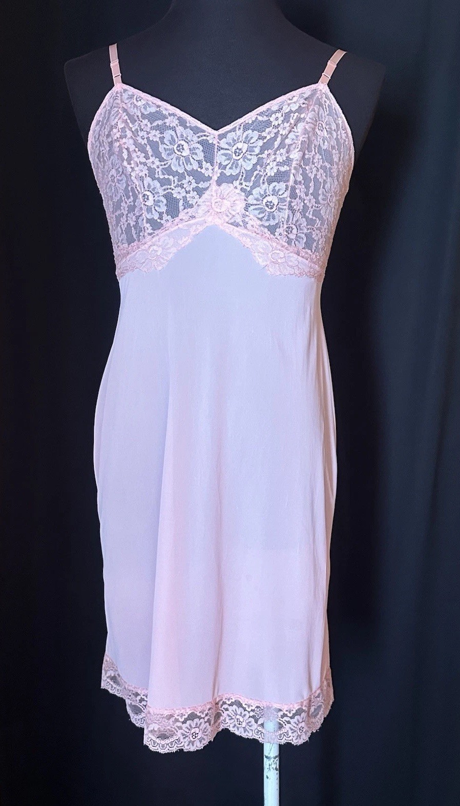 Vintage Kayser Pink Nylon Full Slip Dress Lace Bodice Size 36 USA Made